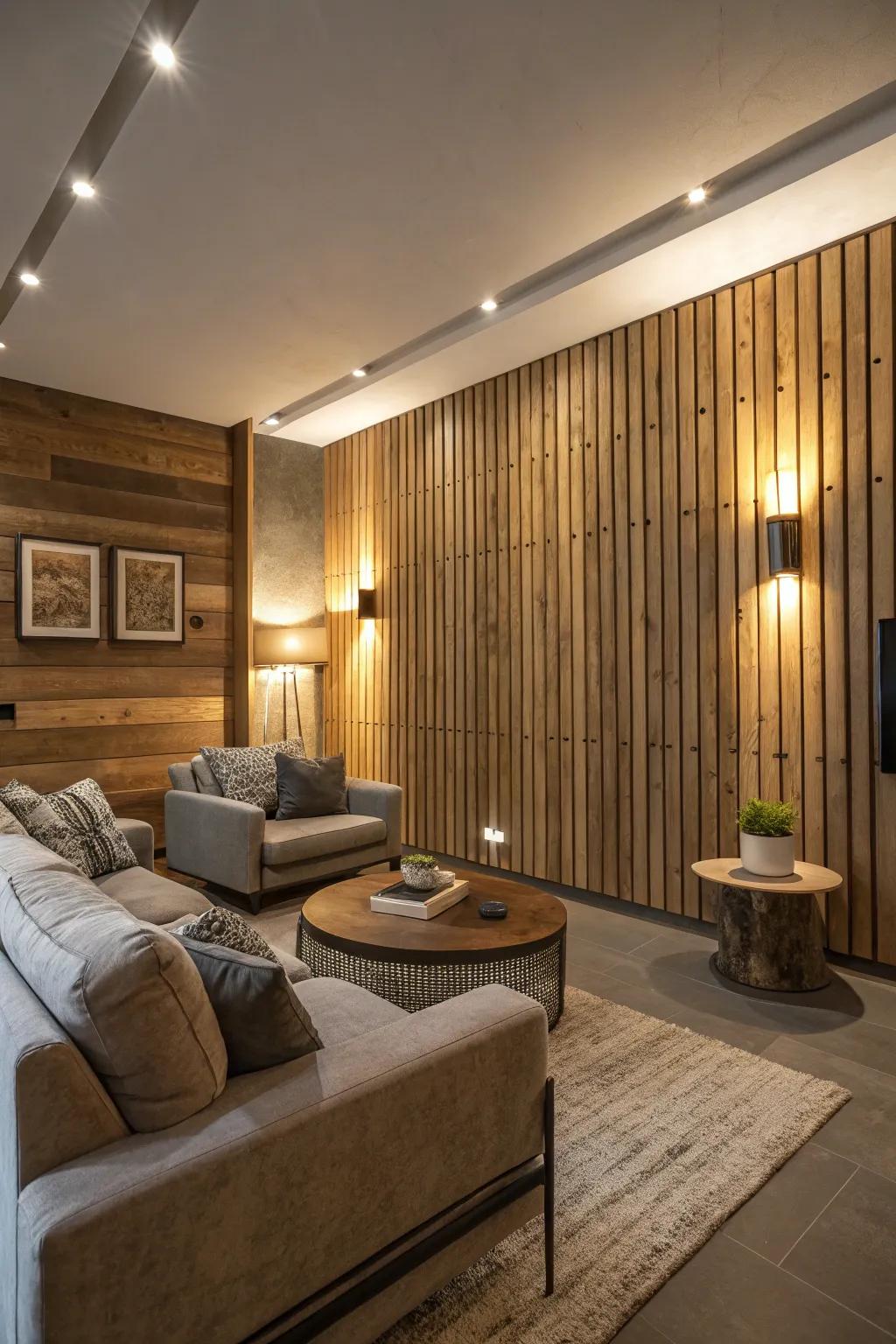 Create atmosphere using combined lighting in wood walls.
