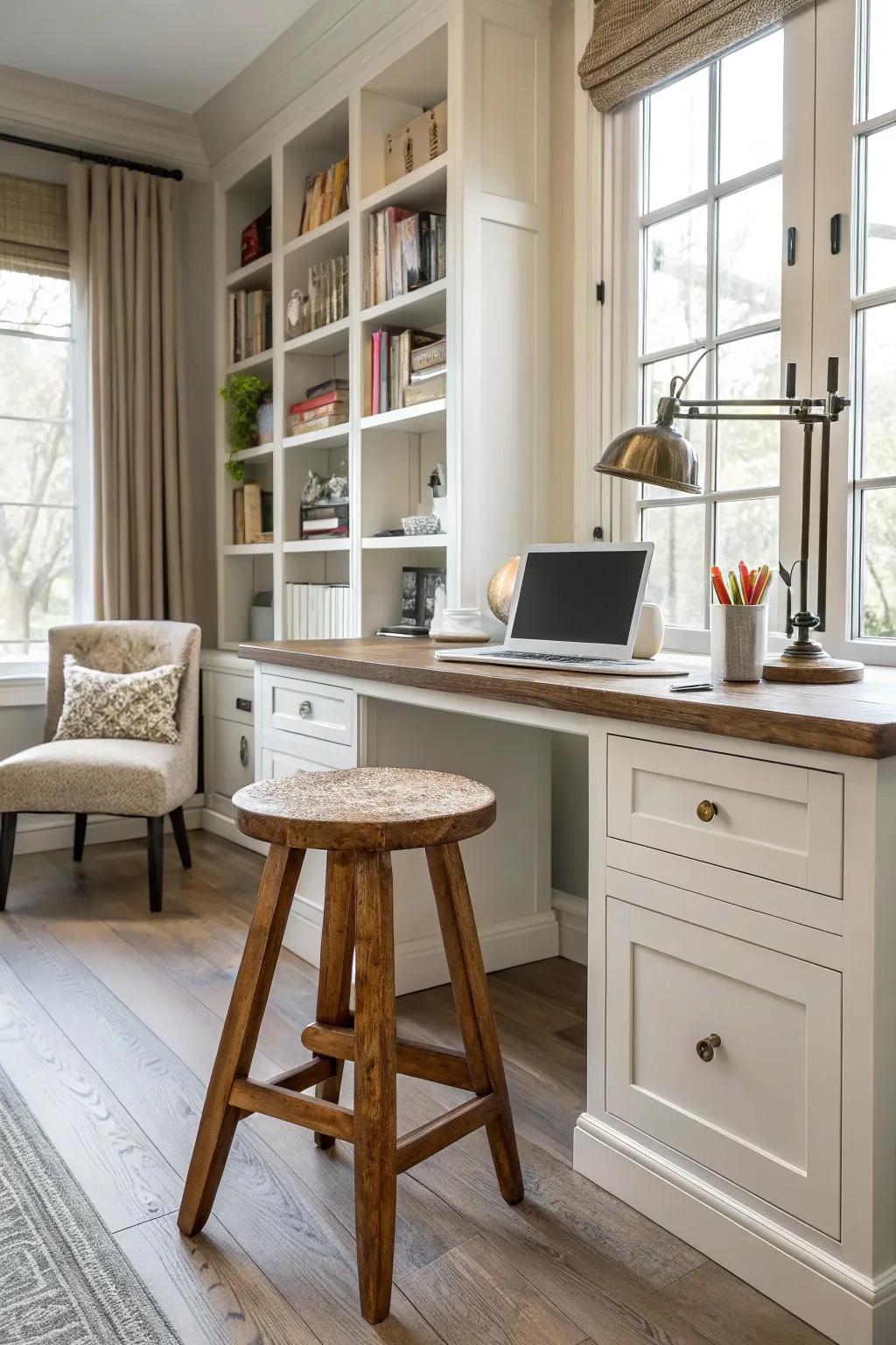 The functionality of your home office is enhanced by a wood stool.