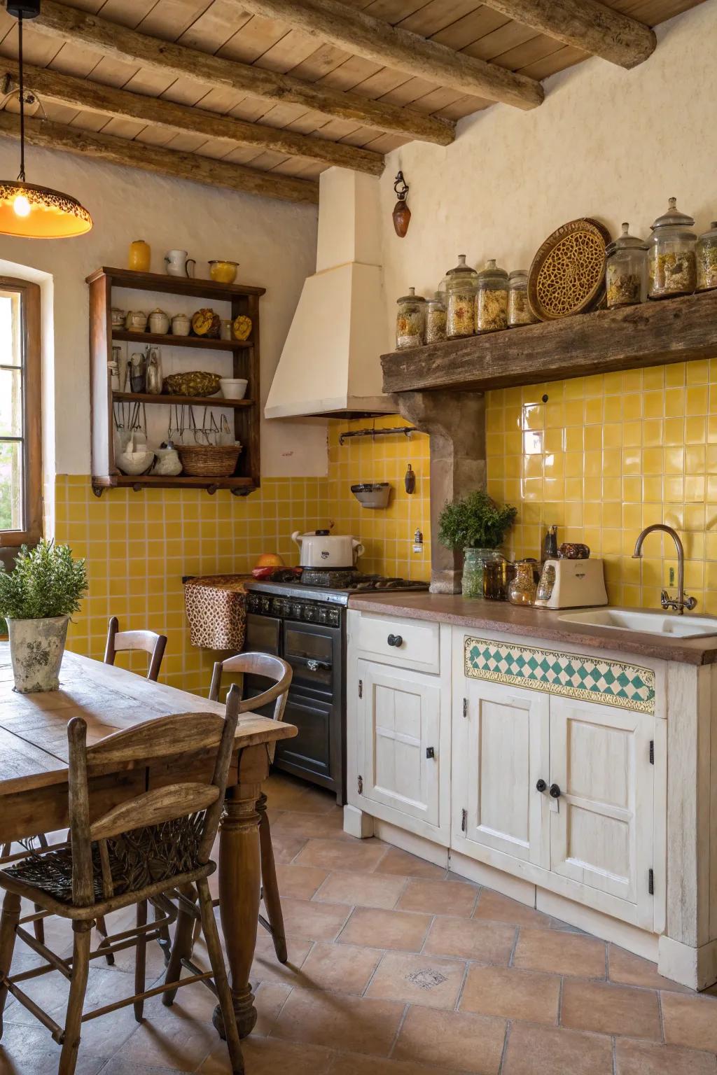 Textured goldenrod tiles add rustic allure to the kitchen.
