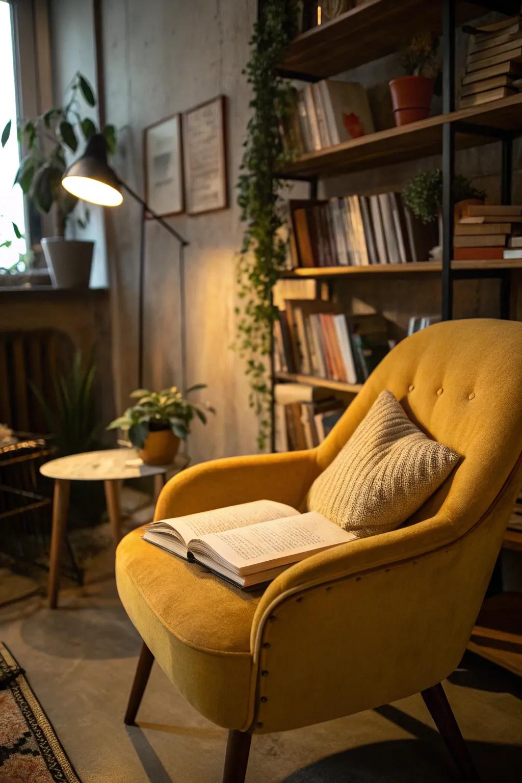 A cozy reading nook featuring a vintage yellow seat.
