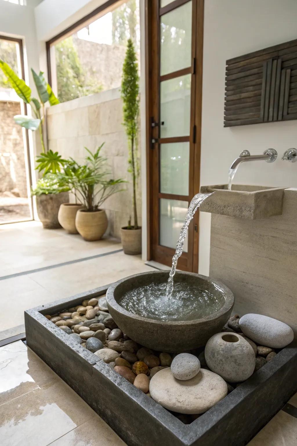 A water accent introduces soothing sounds to a zen restroom.