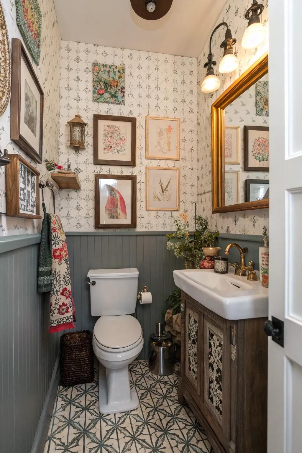 Eclectic decor adds personality to this half bath.