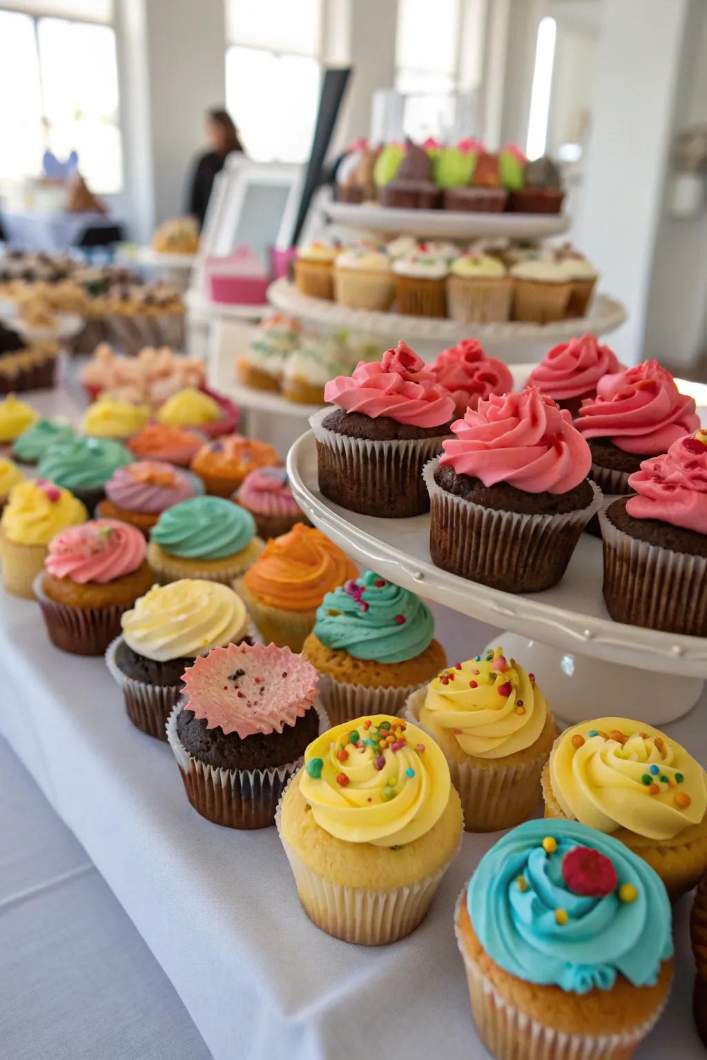 A DIY cupcake decoration station showcasing a colorful array of toppings.