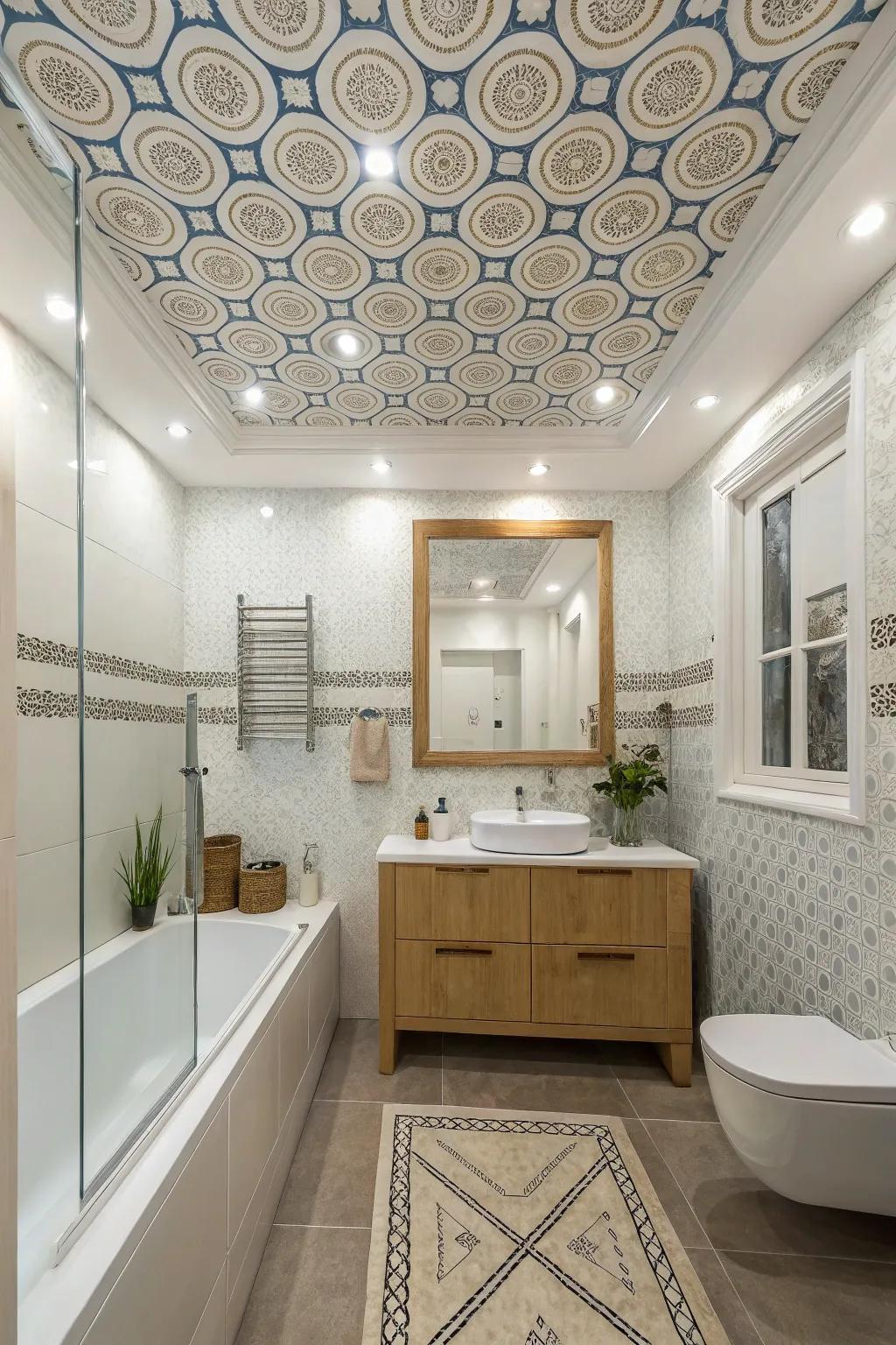 Inventive ceiling designs that add height and visual interest to the bathroom.