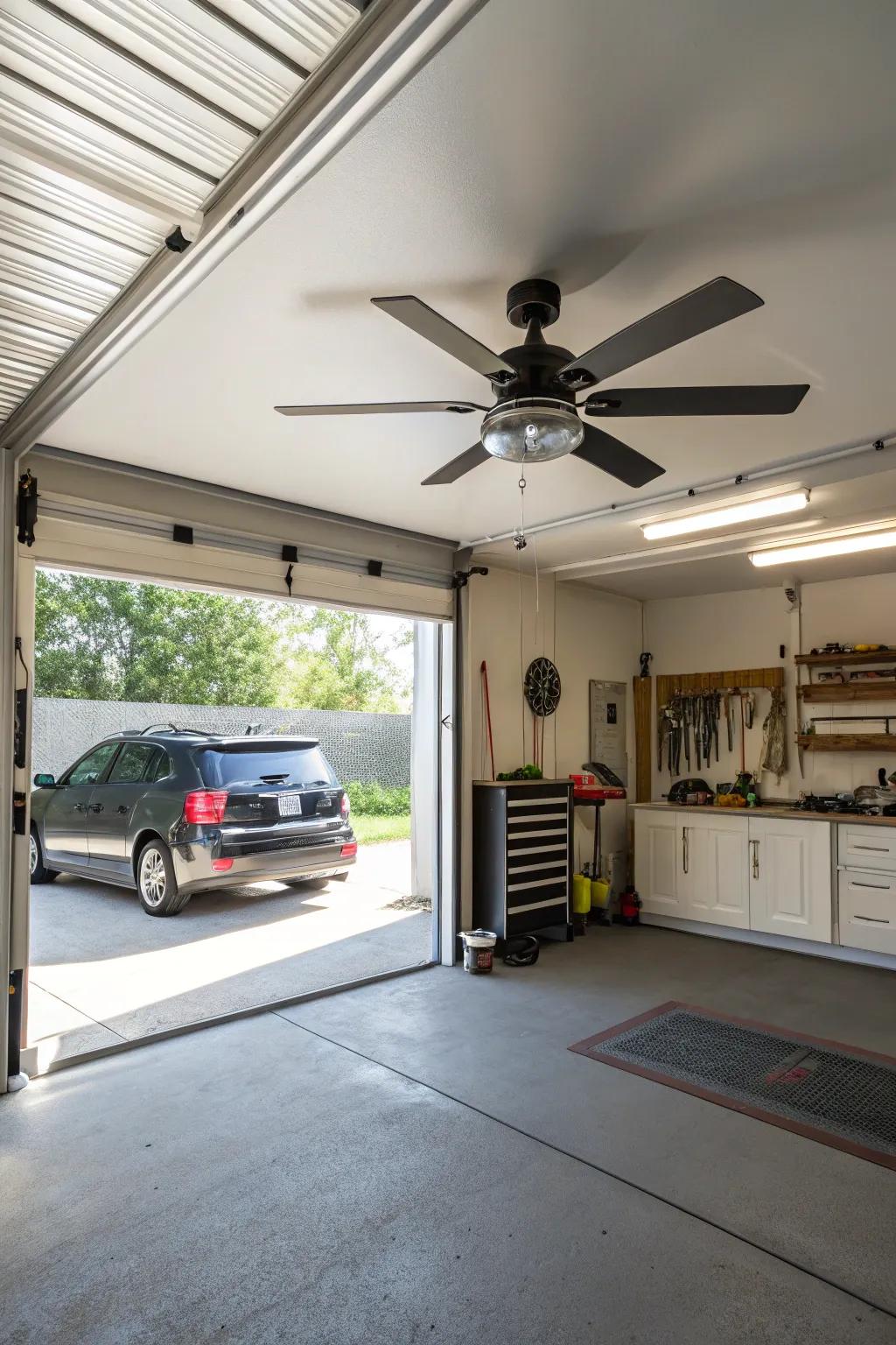 A rotary fan enhances comfort in your garage.