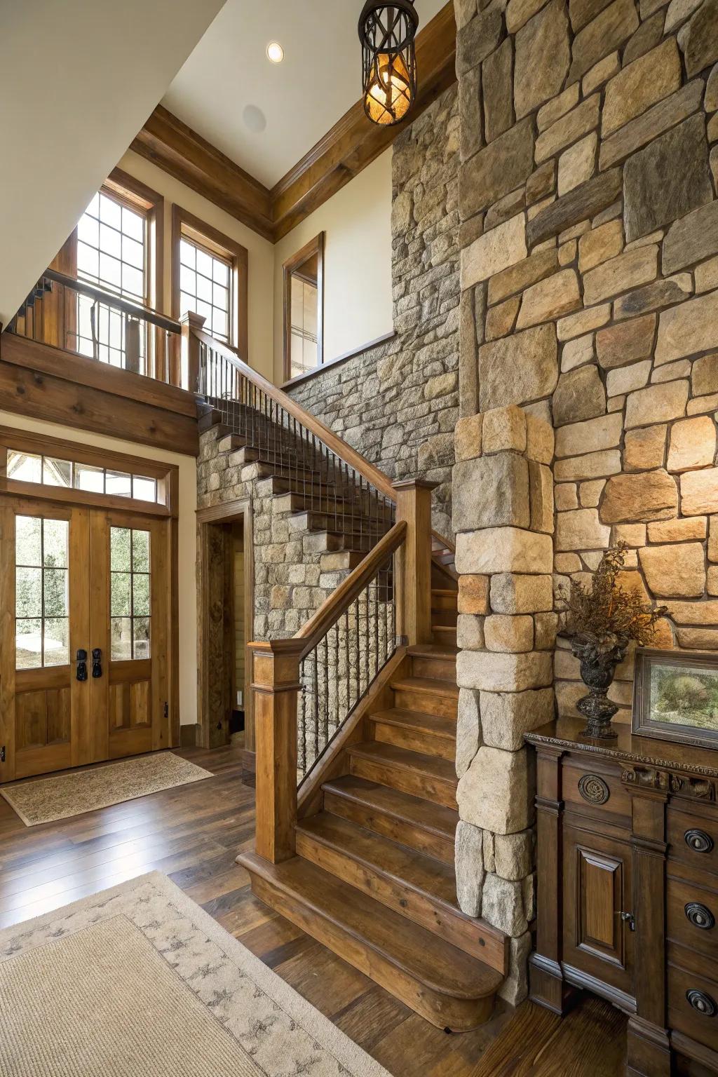 Combining surfaces imparts dimension and intrigue to the entryway.