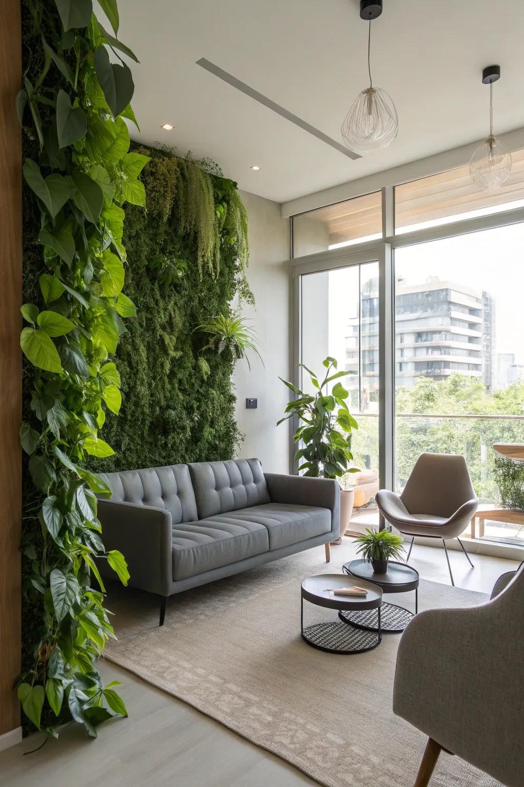 A vertical garden gives a fresh, airy feeling.