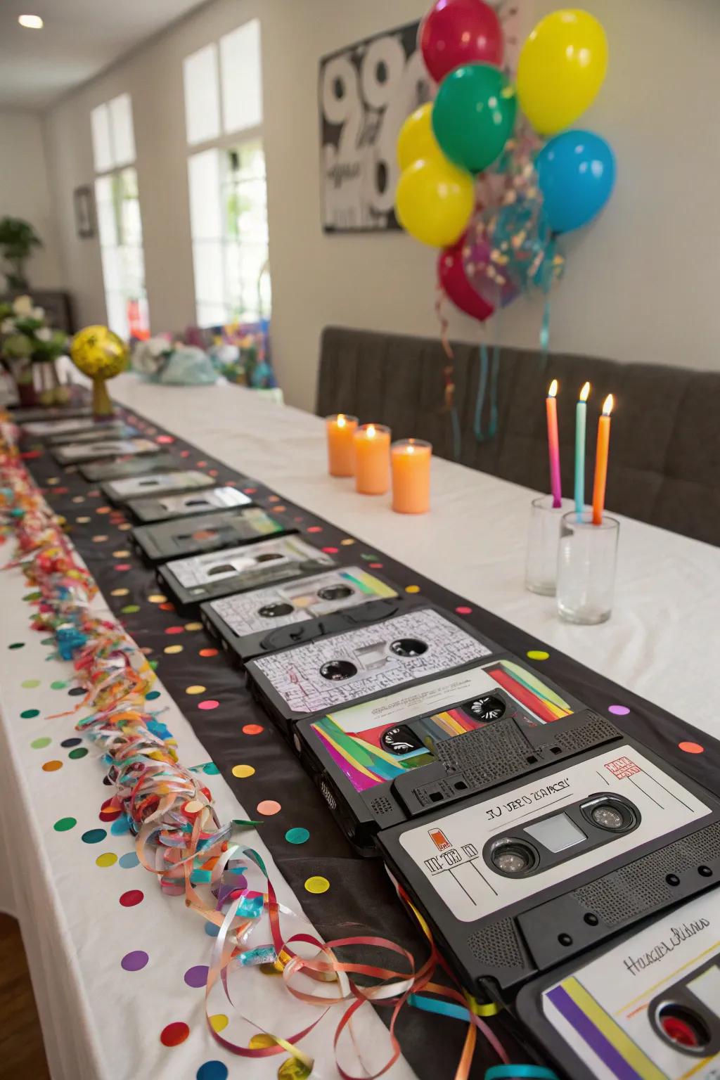 A cassette tape table runner brings a creative touch to your party decor.