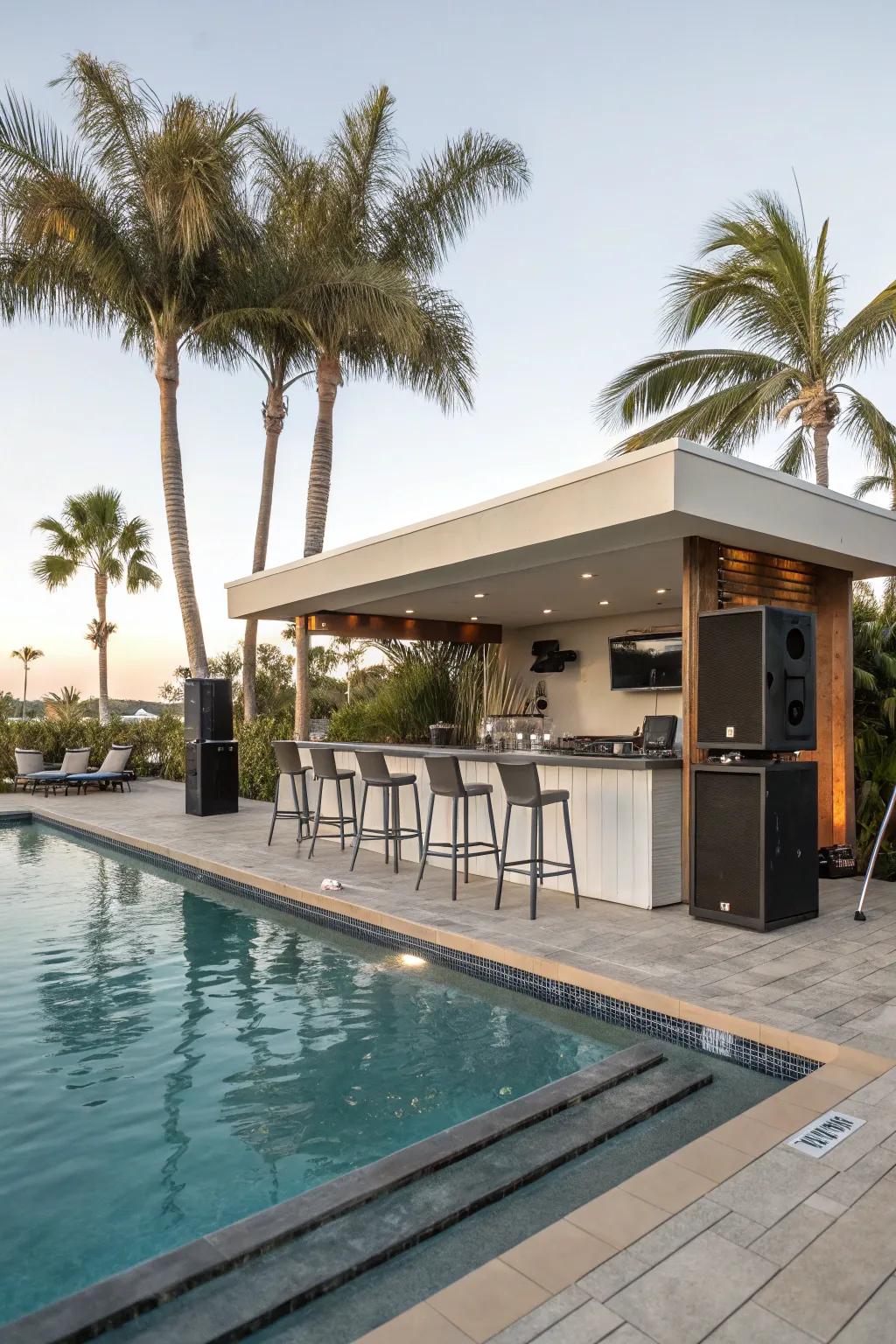 An audio system elevates the entertainment value of your poolside bar.