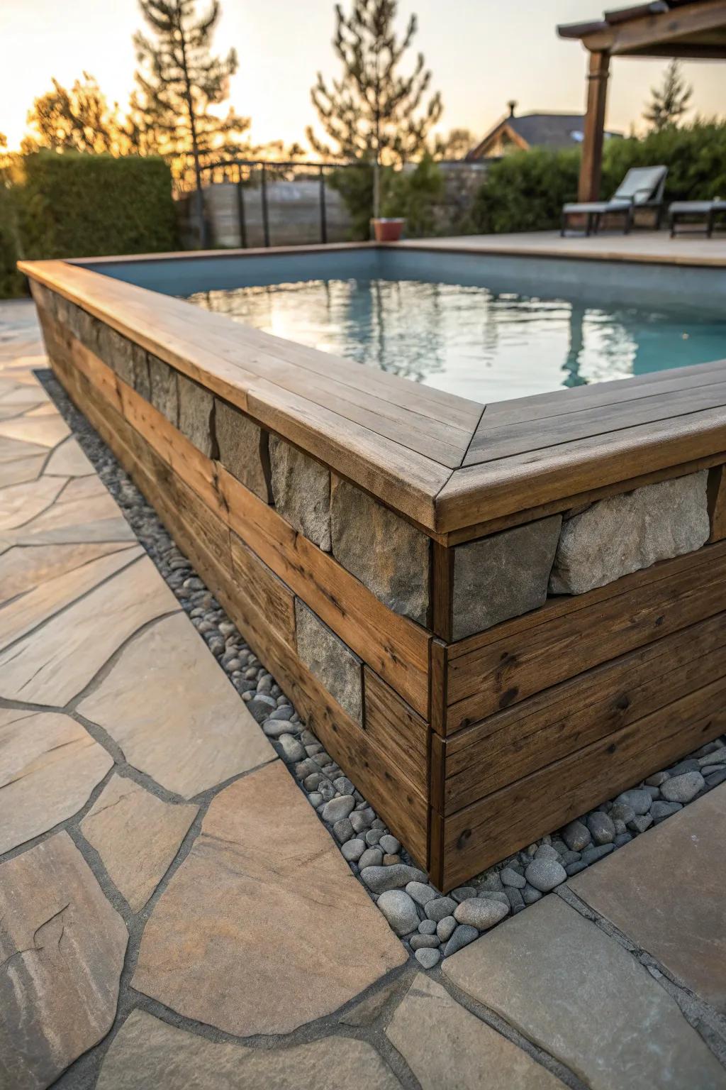 Elevate your pool area with a harmonious blend of wood and stone textures.
