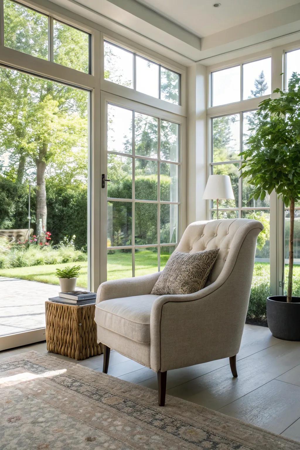 An accent chair by the window combines indoor and outdoor spaces.