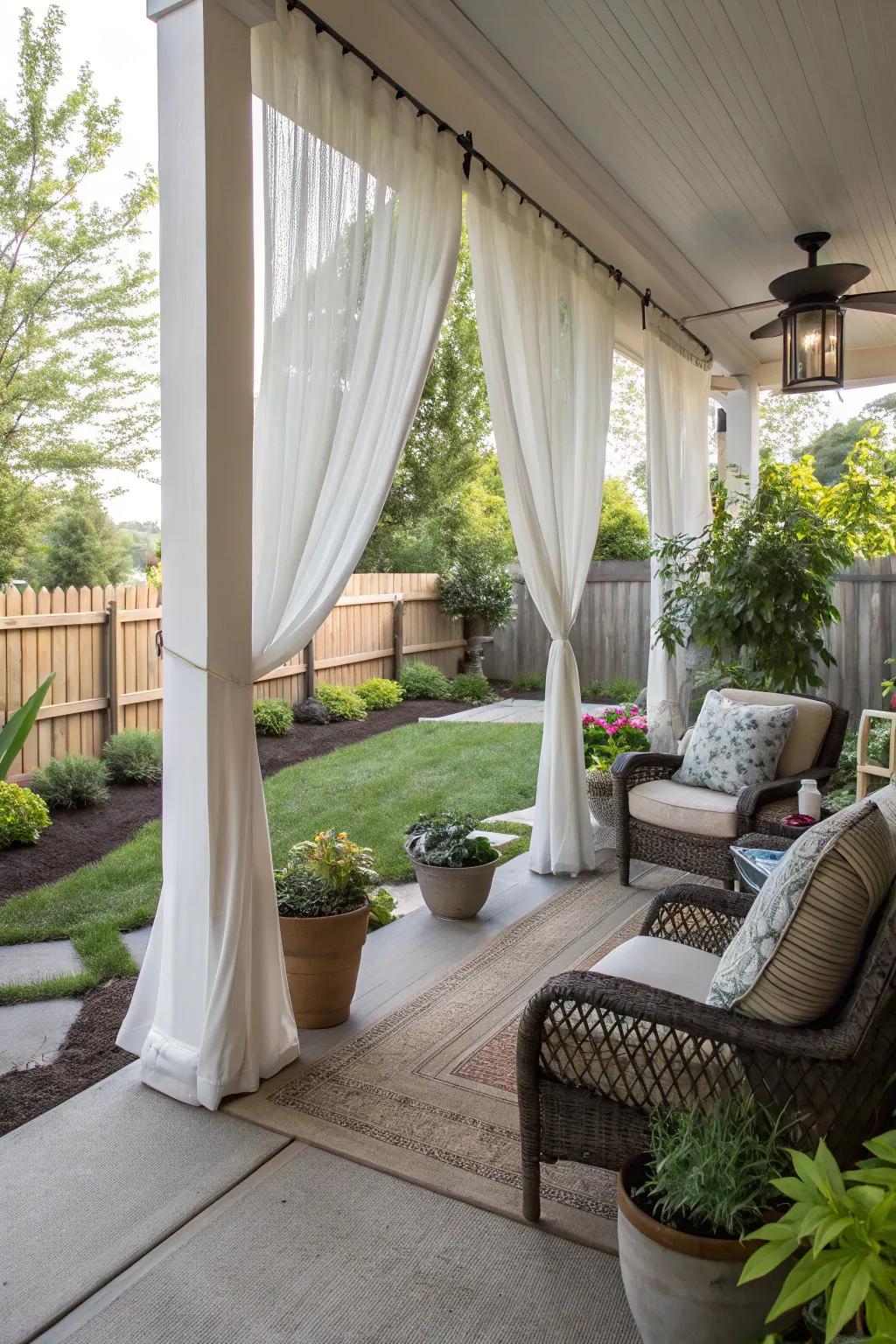 A porch with elegant outdoor curtains for privacy.