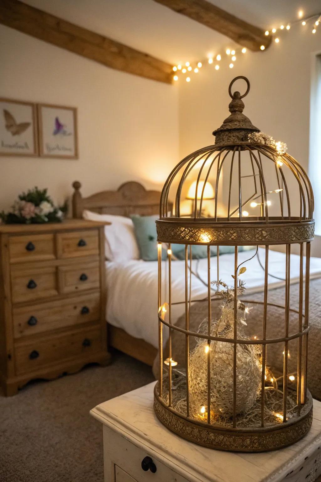 Repurpose decor with a light-filled birdcage.