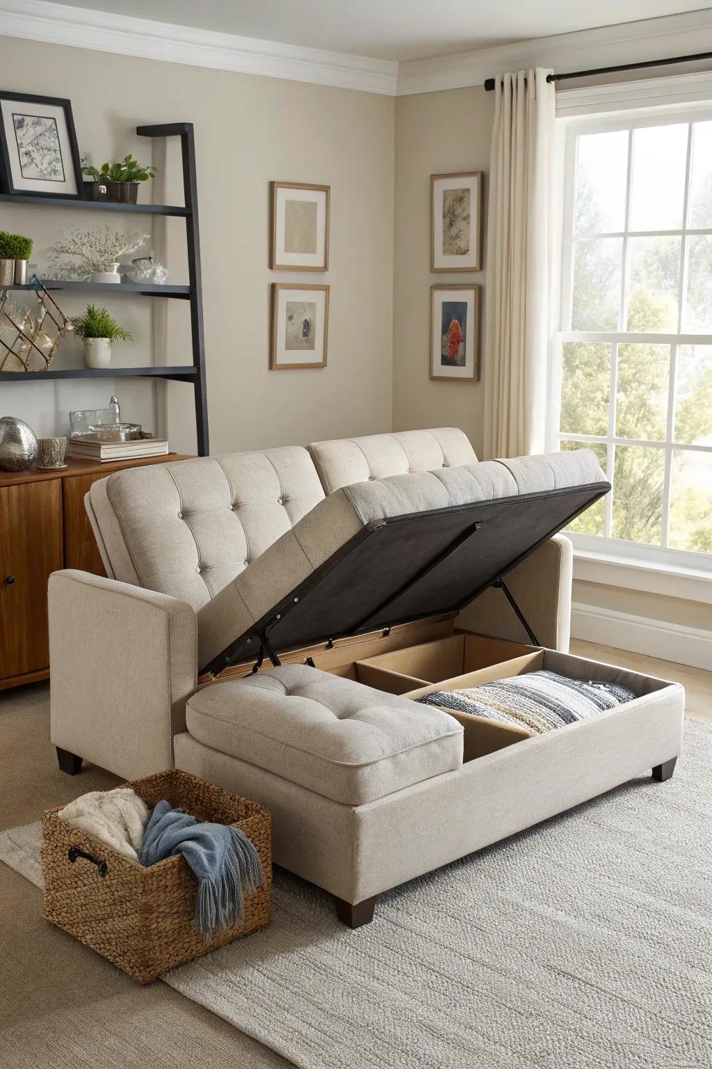 Multiuse furniture optimizes space efficiency.