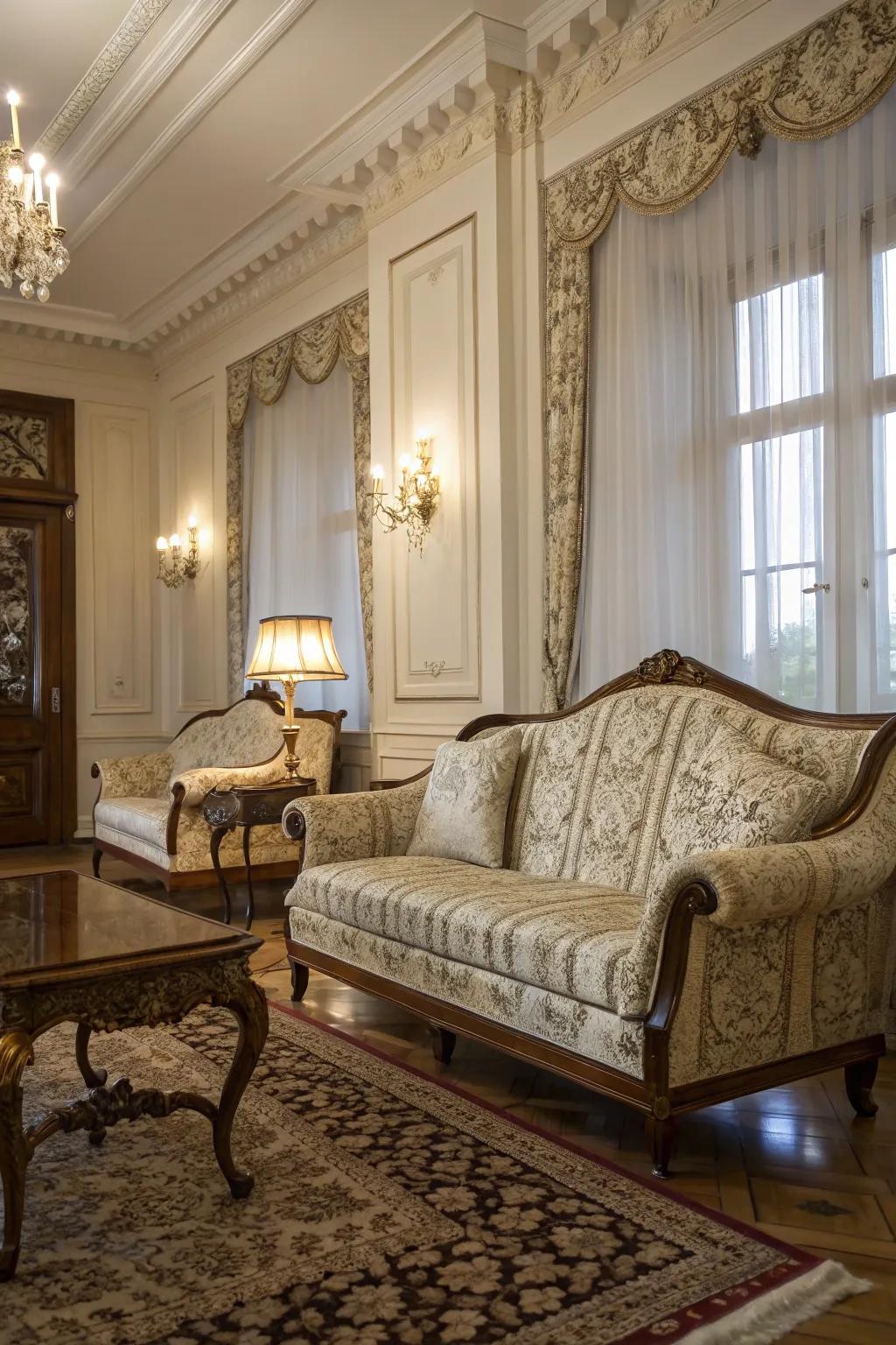 Damask textiles injecting lush elegance to a colonial-inspired room.