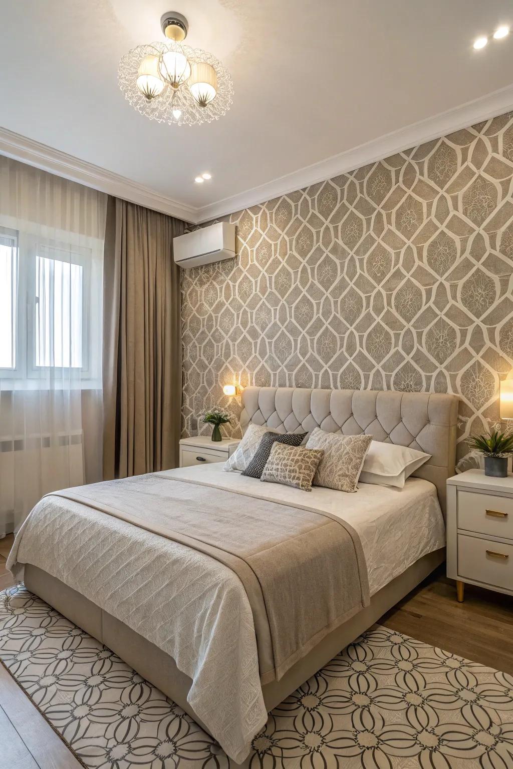 An apartment bedroom with a stylish feature wall covered in eye-catching wallpaper.