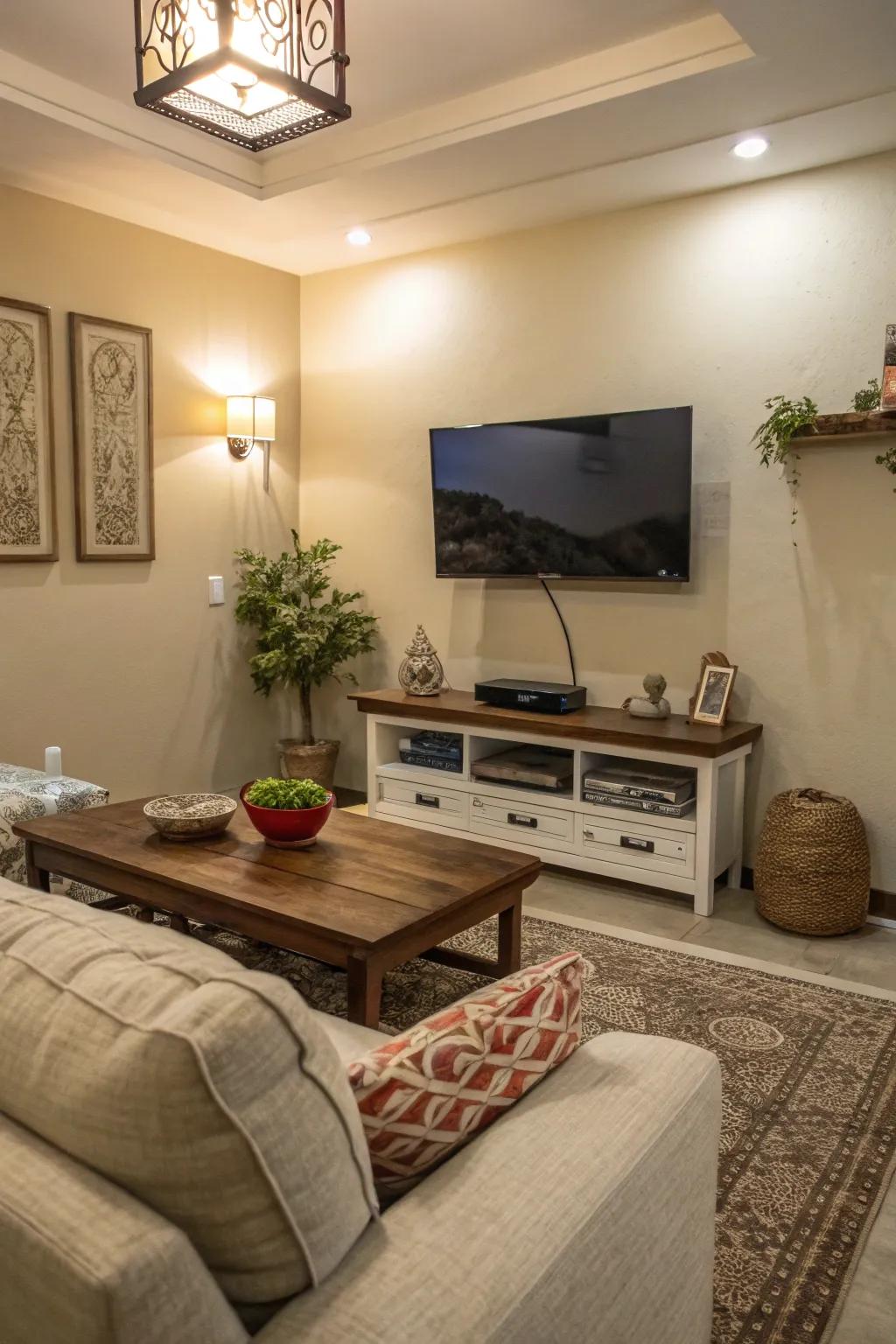 A mounted television maximizes available space in this compact living room.