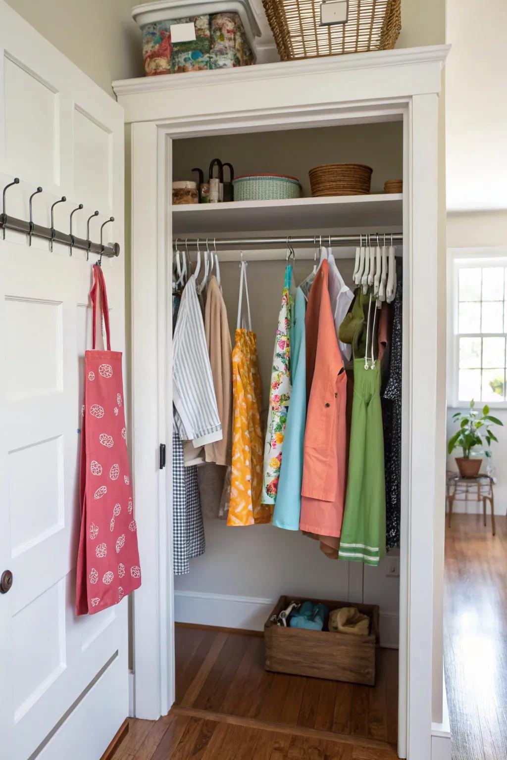 An exposed closet concept turns aprons into a decor statement.