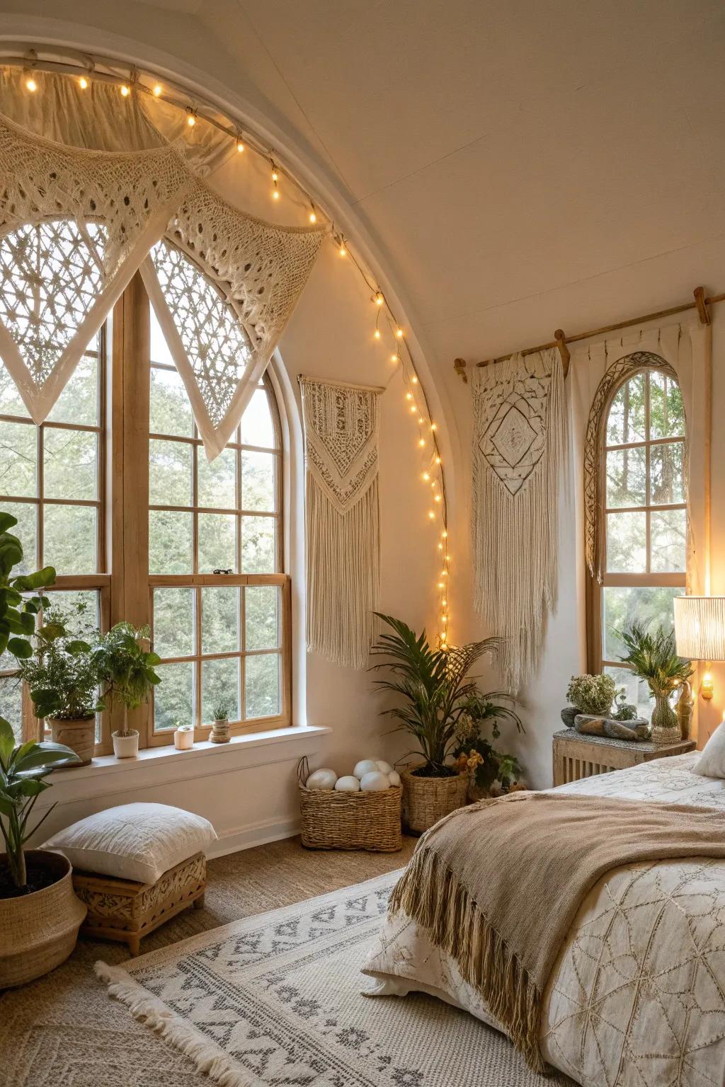 A bohemian boudoir features a knotted cord treatment on arched windows, crafting a soft and inviting atmosphere.