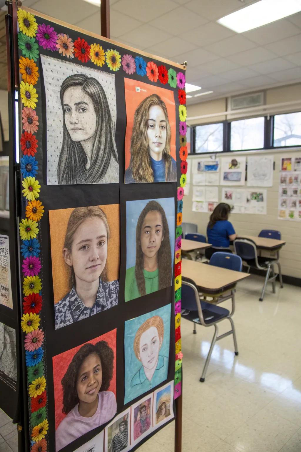 A bulletin board featuring artistic self-portraits created by students.