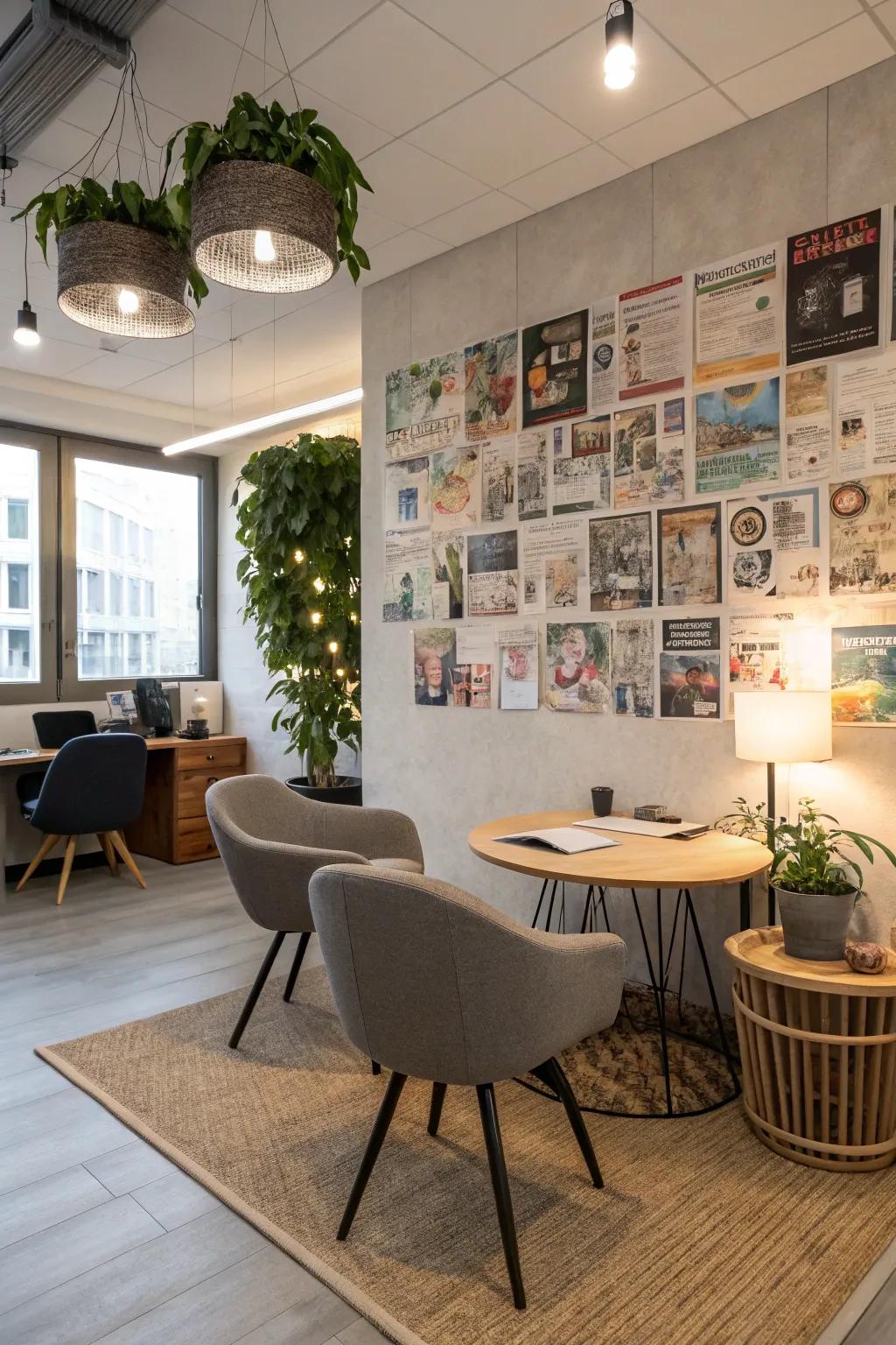 Upcycled art crafted from old periodicals contributes an eco-friendly and artistic accent to this workspace.