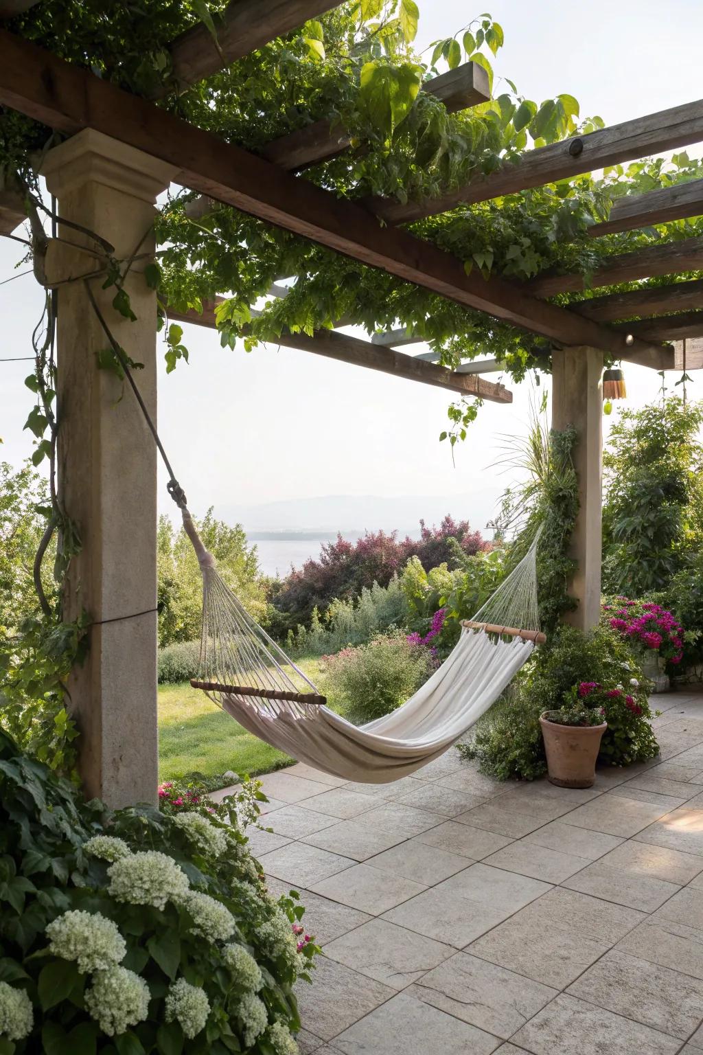 A hammock extends the flawless leisure spot on your patio.