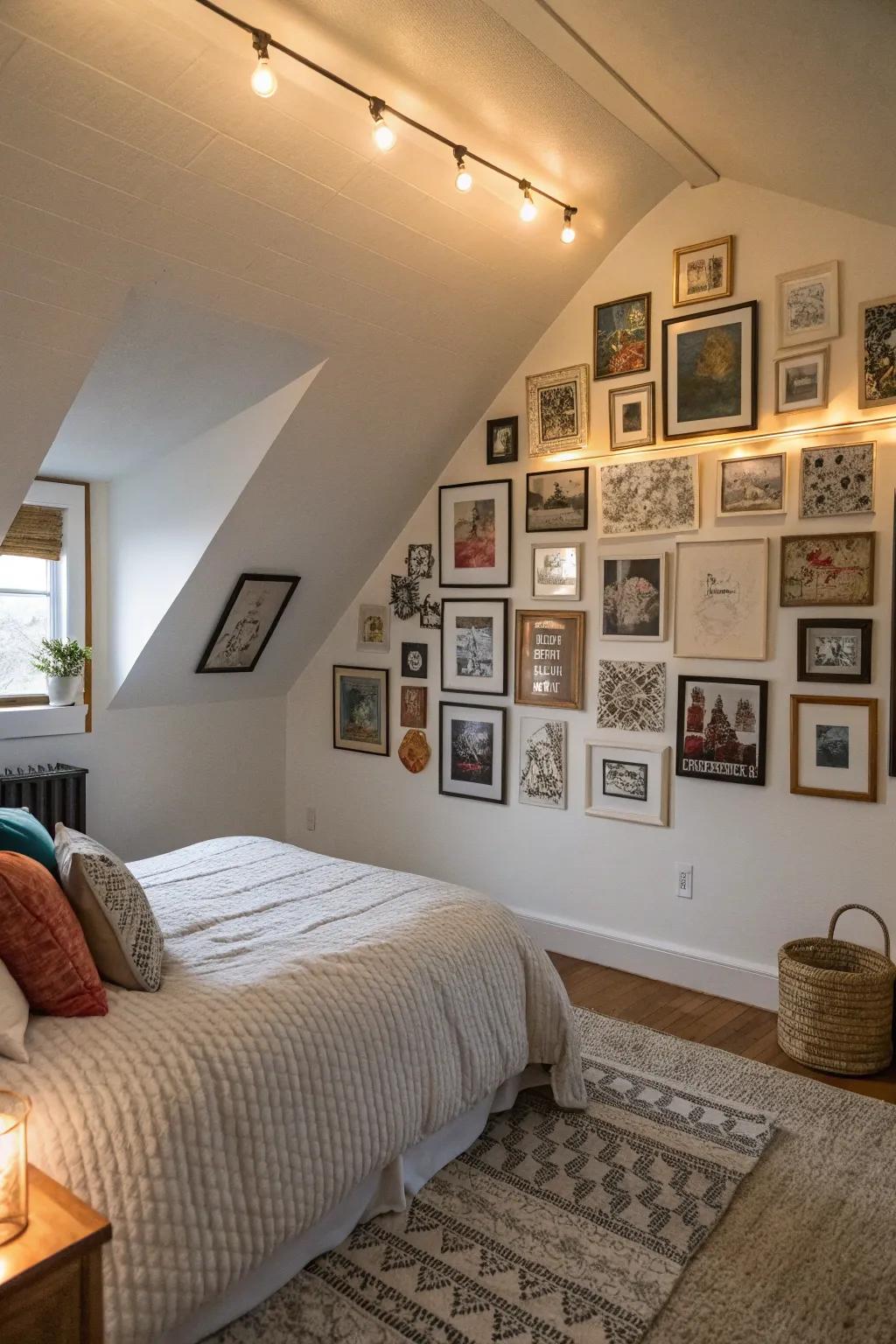 A picture arrangement adds character and depth to your attic bedroom.