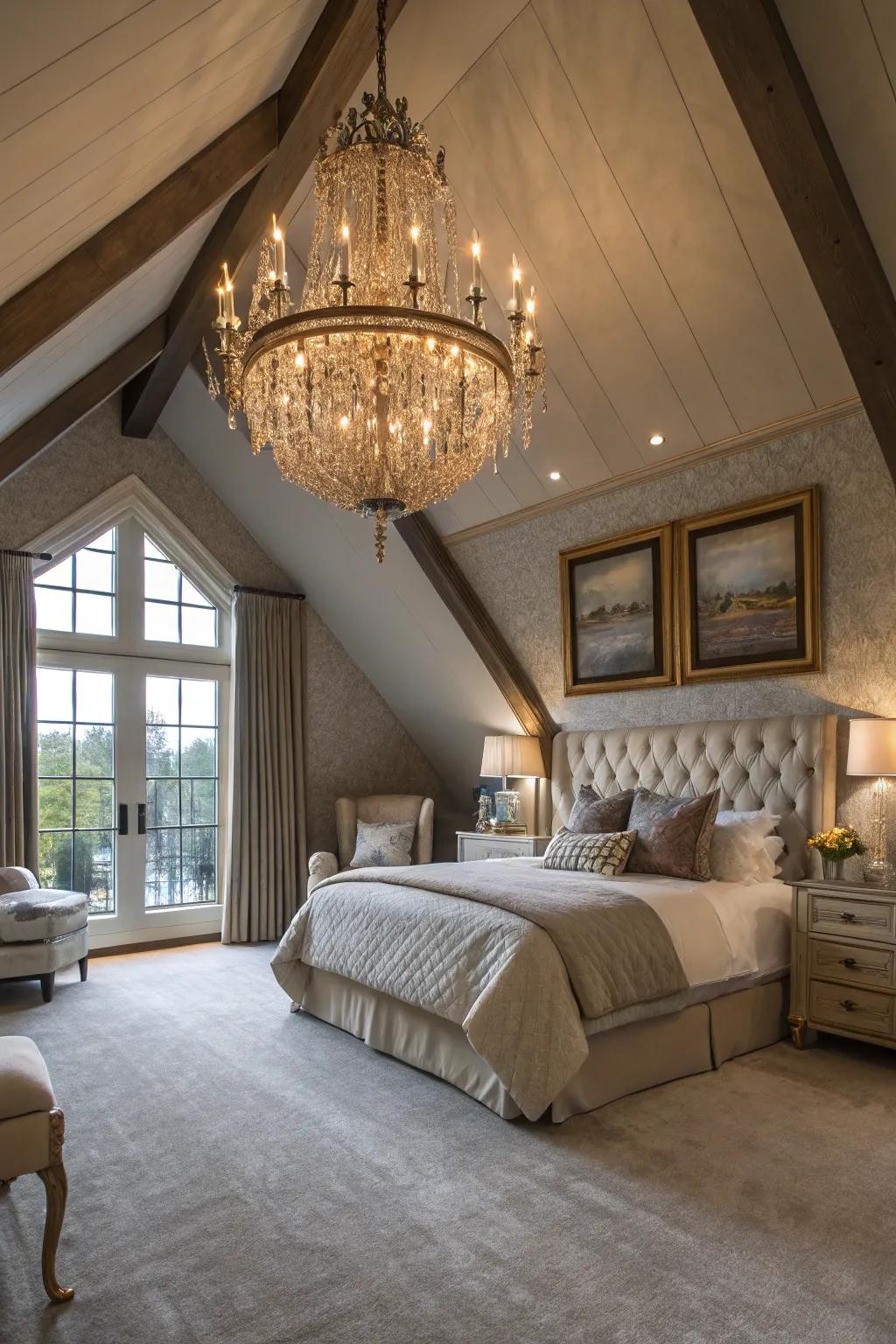 A statement chandelier adds elegance and focus.