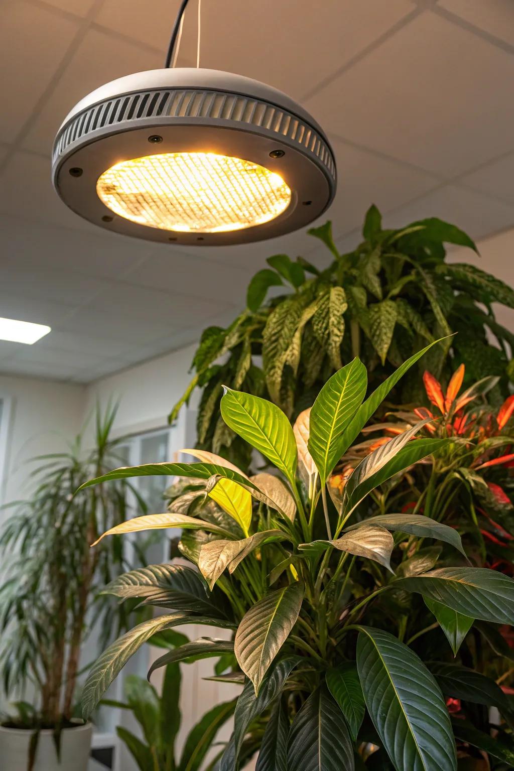 Ceiling lights adding a dramatic effect to an arrangement of indoor plants.