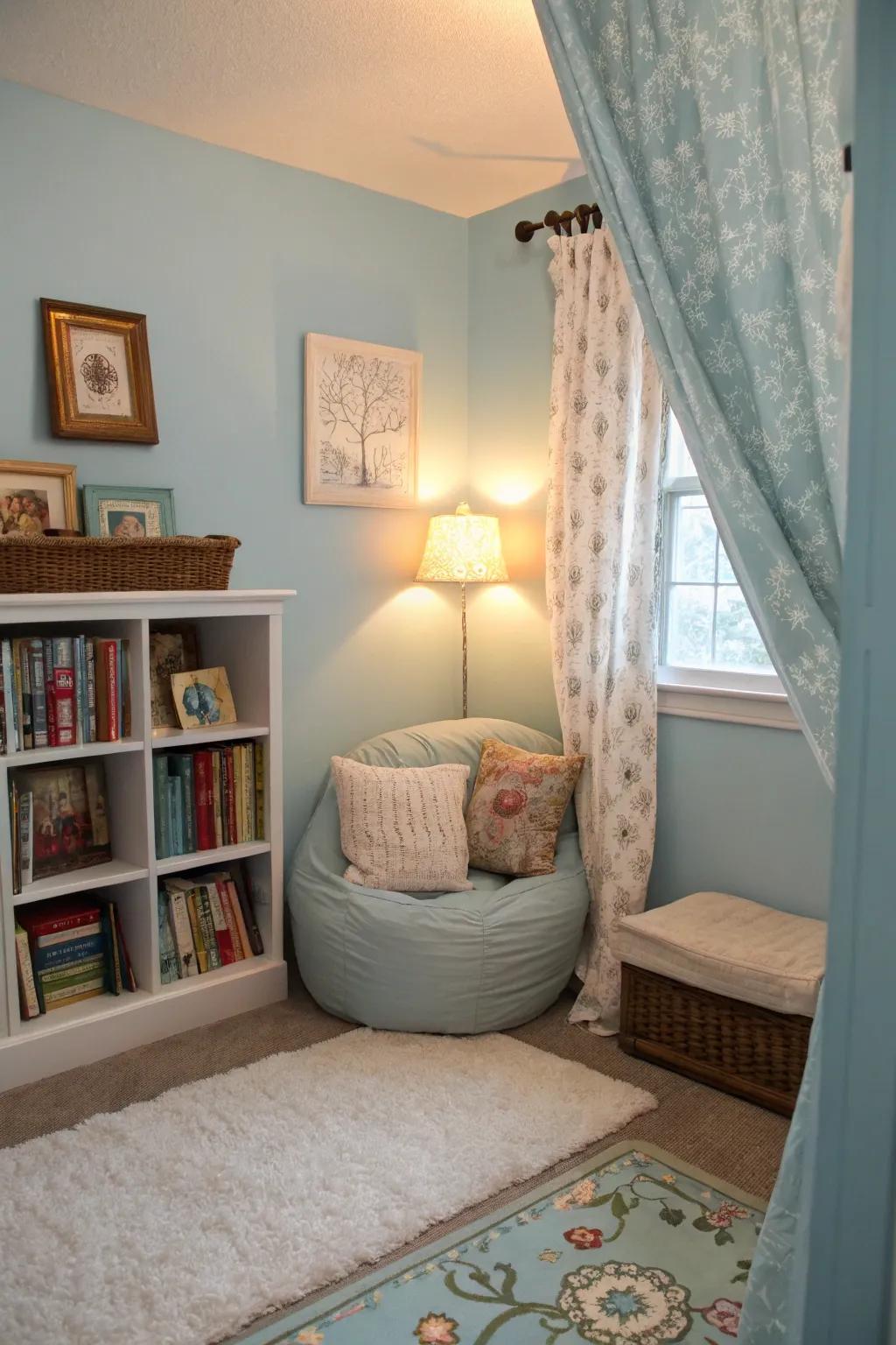 A relaxing nook enhances the comfort of a sky blue bedroom theme.