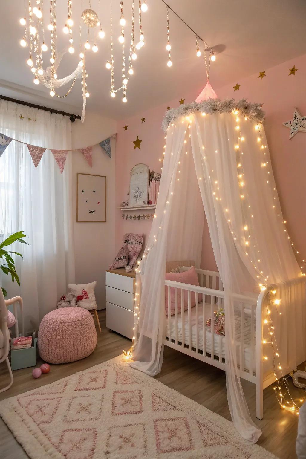 Twinkle lights add a cozy ambiance.