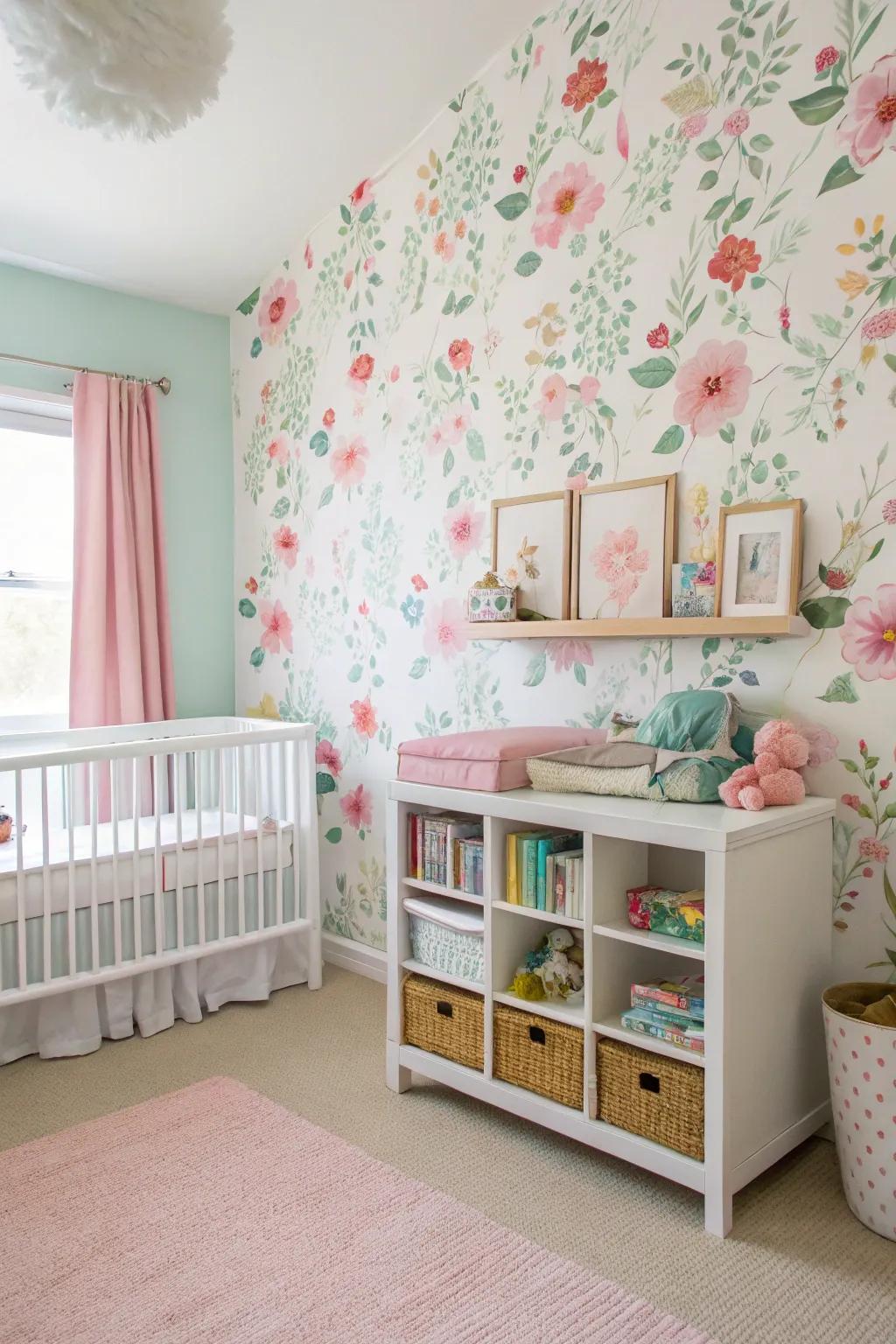 Accent blossom papered wall covering fashions a stunning focal point.