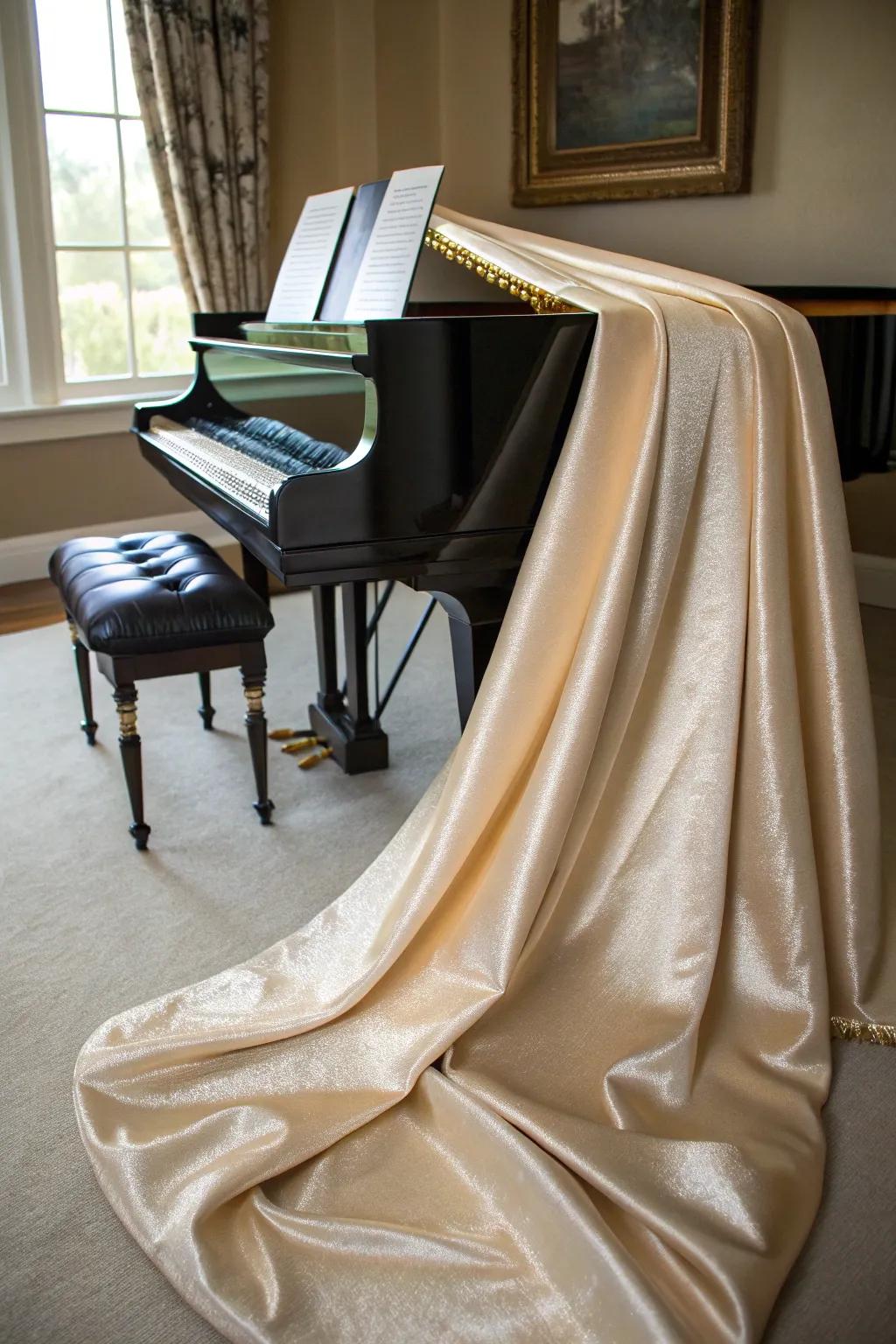 Textures such as velvet infuse elegance into the piano space.