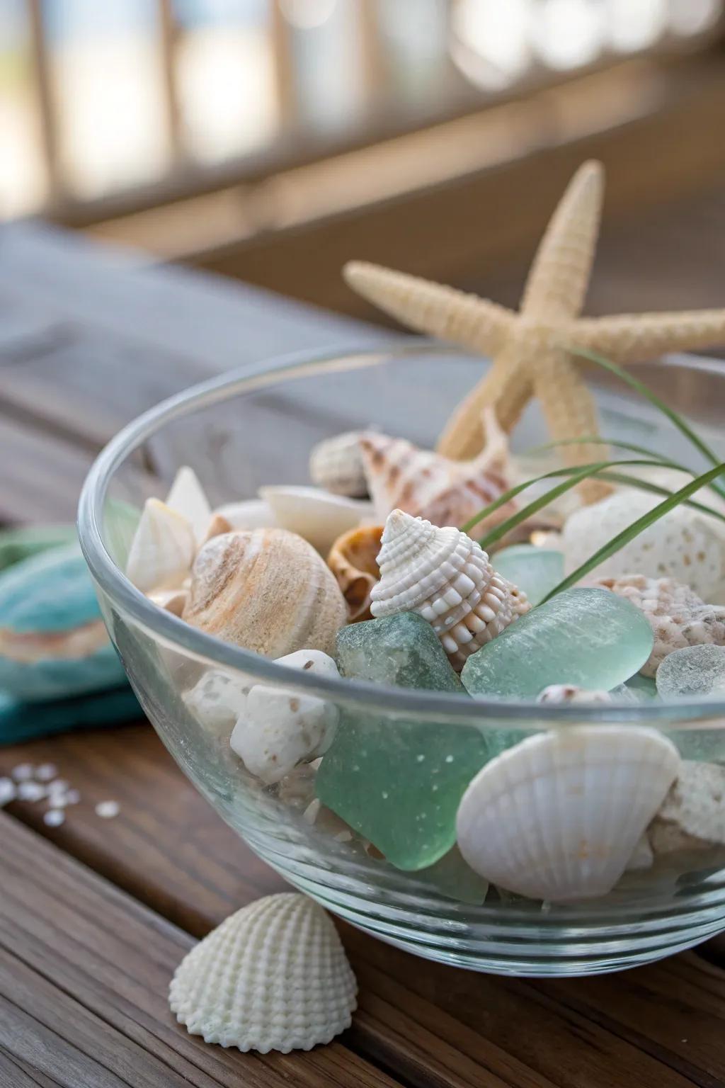 Seashells with sea-acquired crystal pieces bring the sea onto your setting.