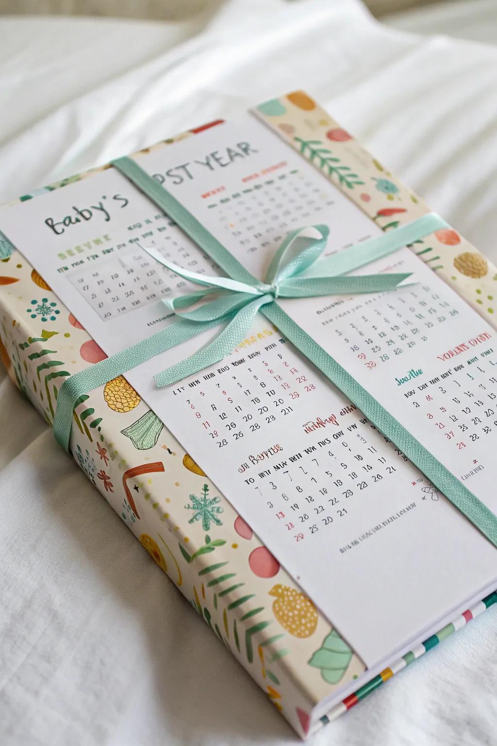 A thoughtful gift wrapped in a baby's first year calendar, perfect for a shower.