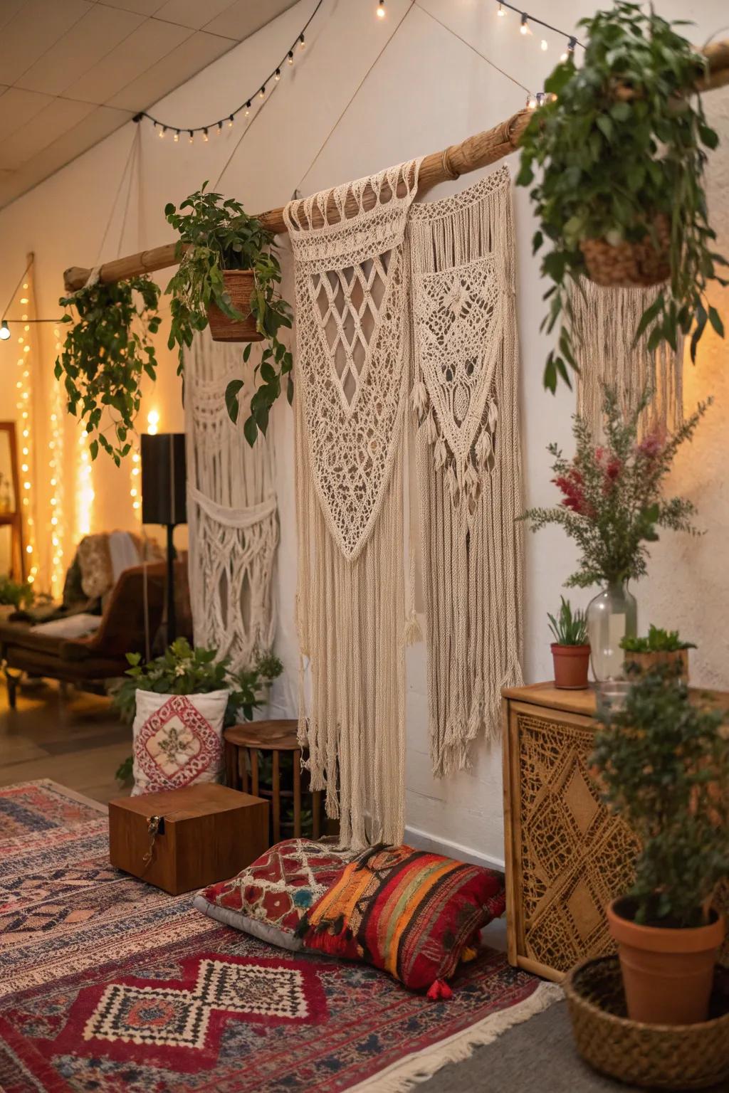 Add bohemian charm with a macrame backdrop.