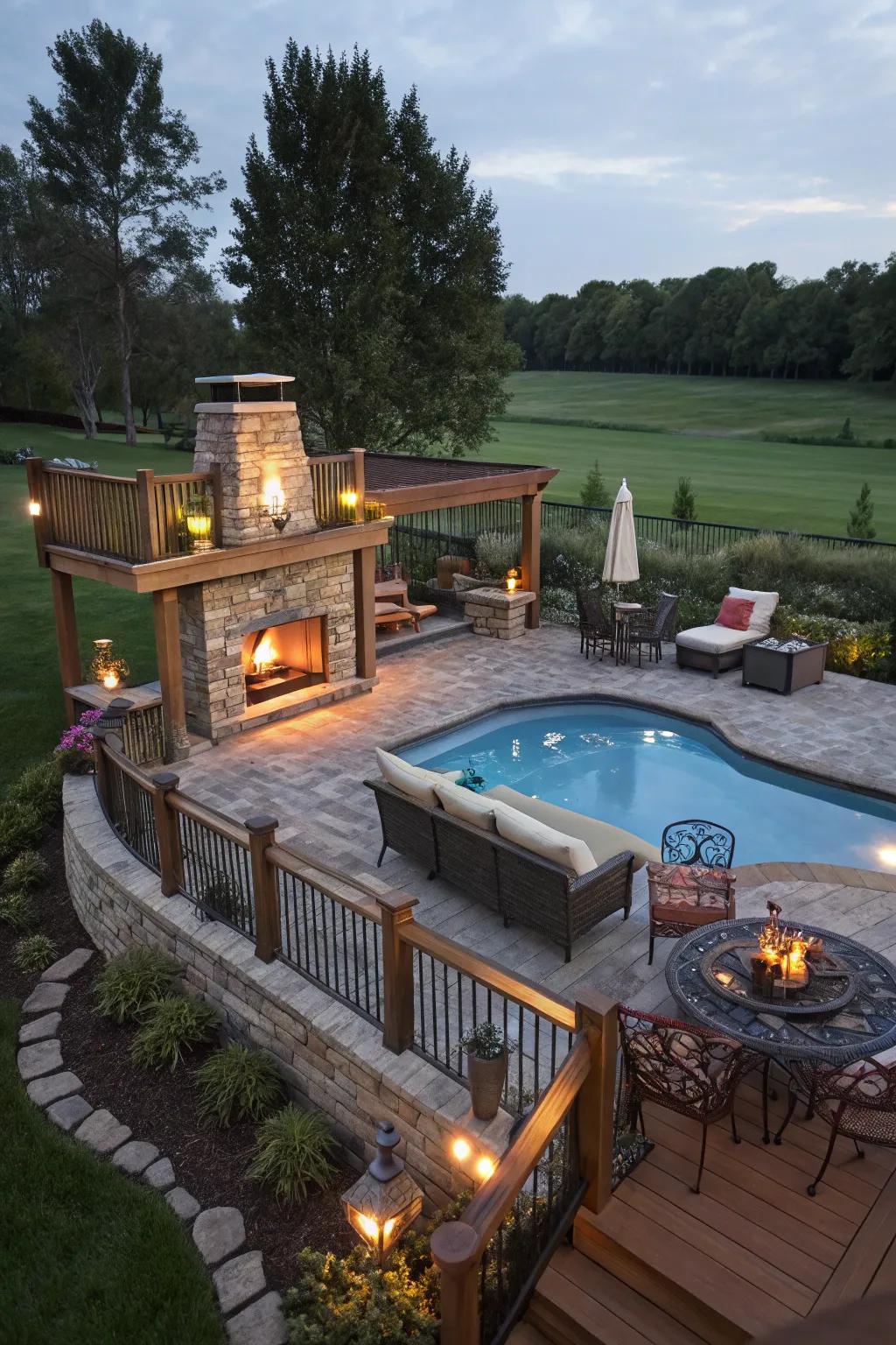 Your pool deck gains coziness and atmosphere from an outdoor fireplace.