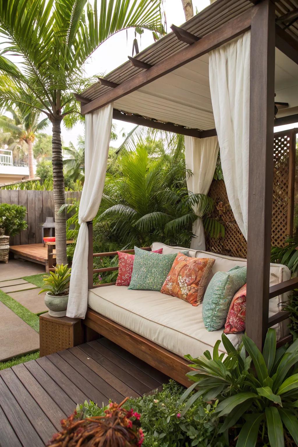 A relaxing daybed offering a cozy retreat in an outdoor space.