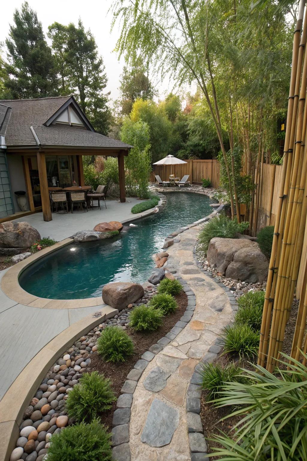 A Zen-inspired meandering pool zone with bamboo and stones.
