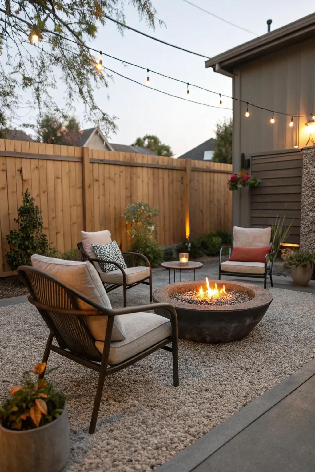Loose rock flooring brings casual simplicity and unwinding to patios.