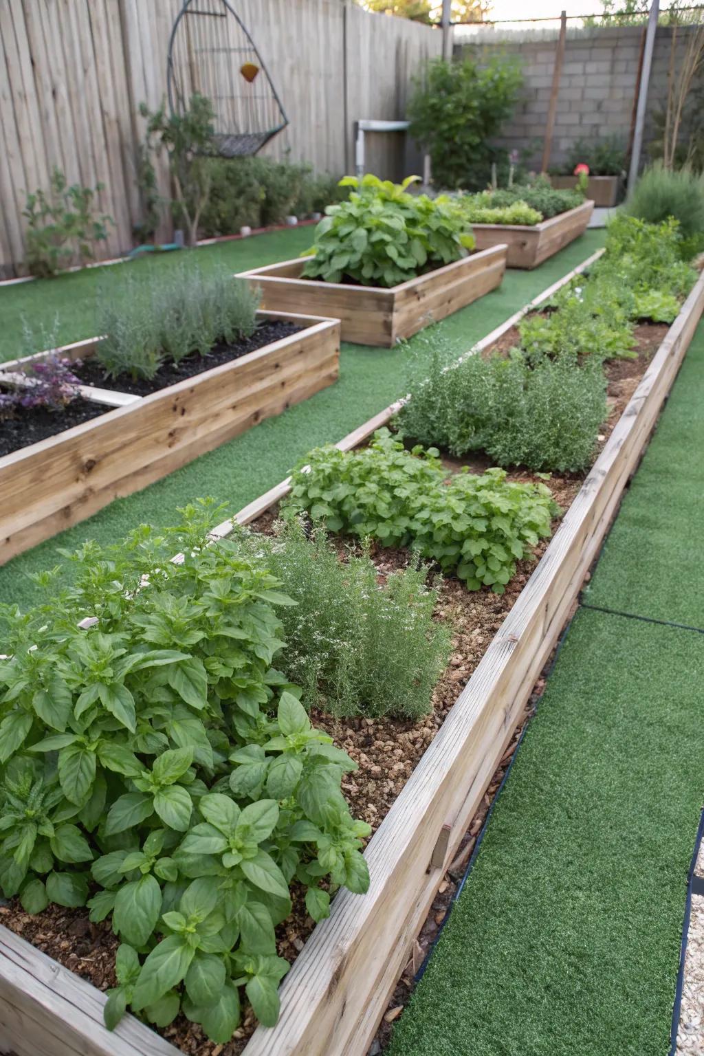 Herb gardens bordered by rich grass.
