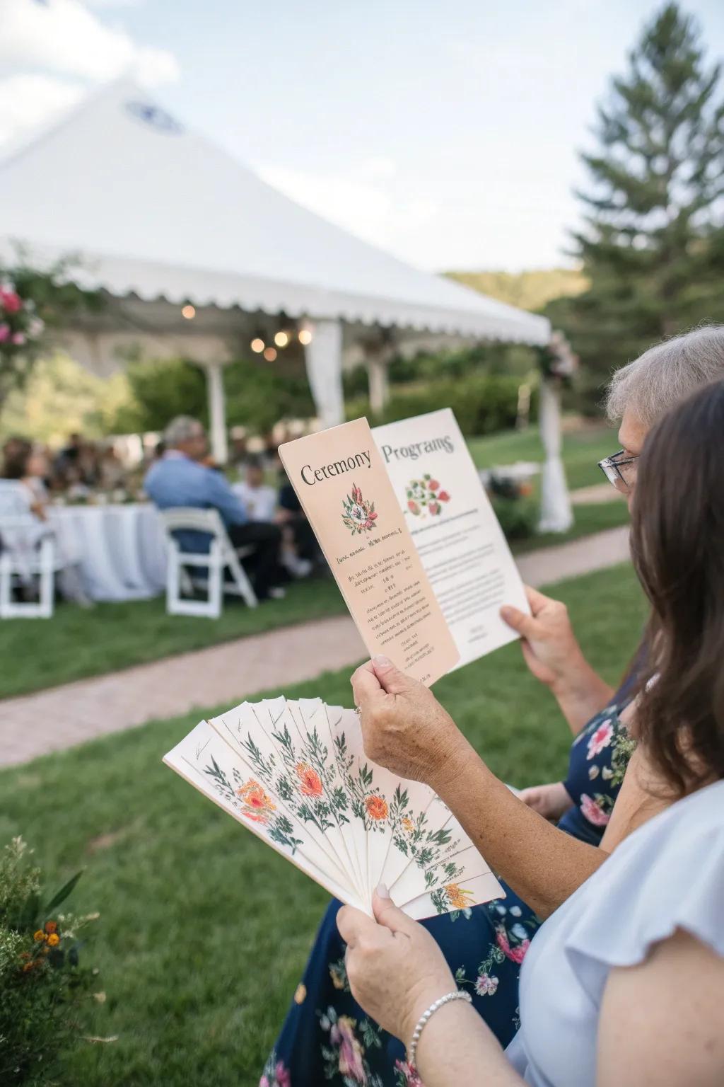 Personalized event programs serve as keepsakes and practical fans.