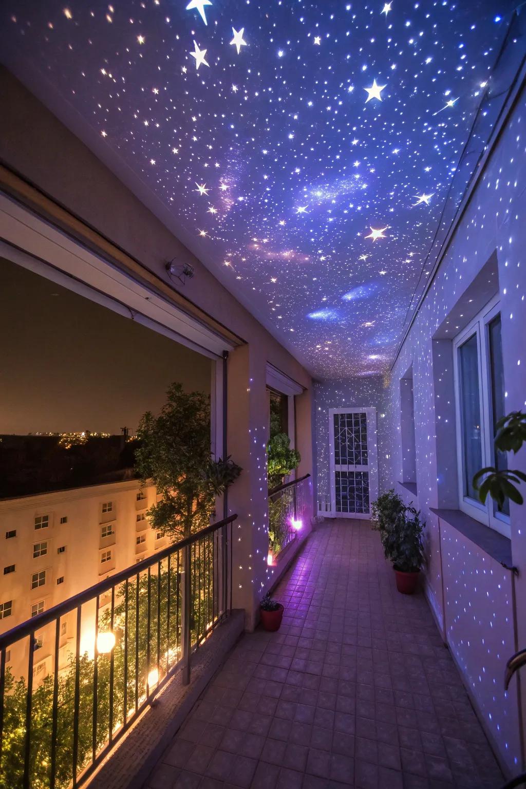 A cosmic projector transforms your balcony with a dreamy, space-like atmosphere.