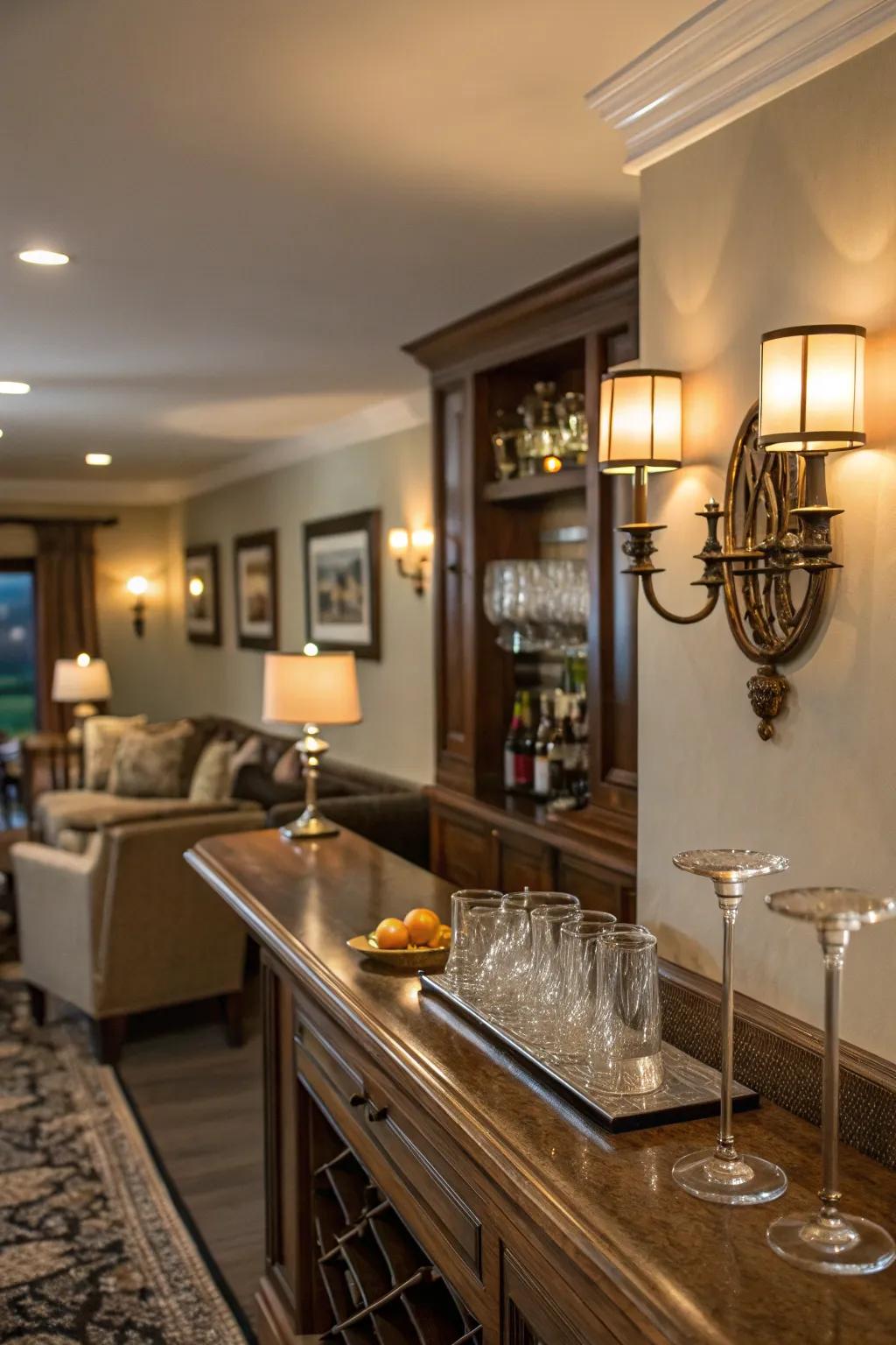 Wall lights add elegance, ambient lighting to the bar.