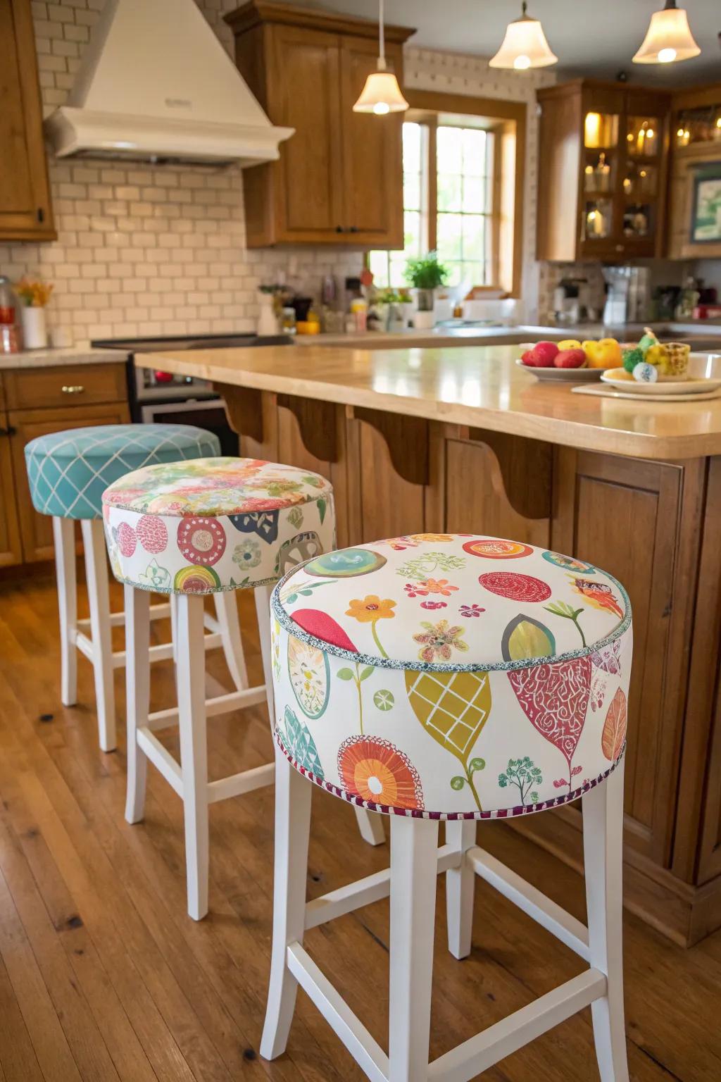 Whimsical stools bring fun to the kitchen.