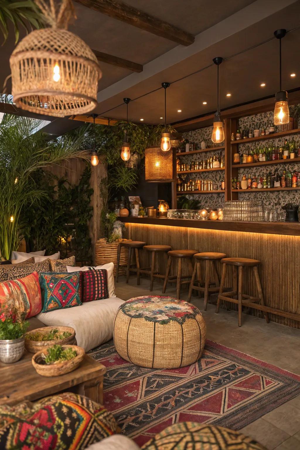 Bohemian hideaway encourages comfort with diverse patterns.