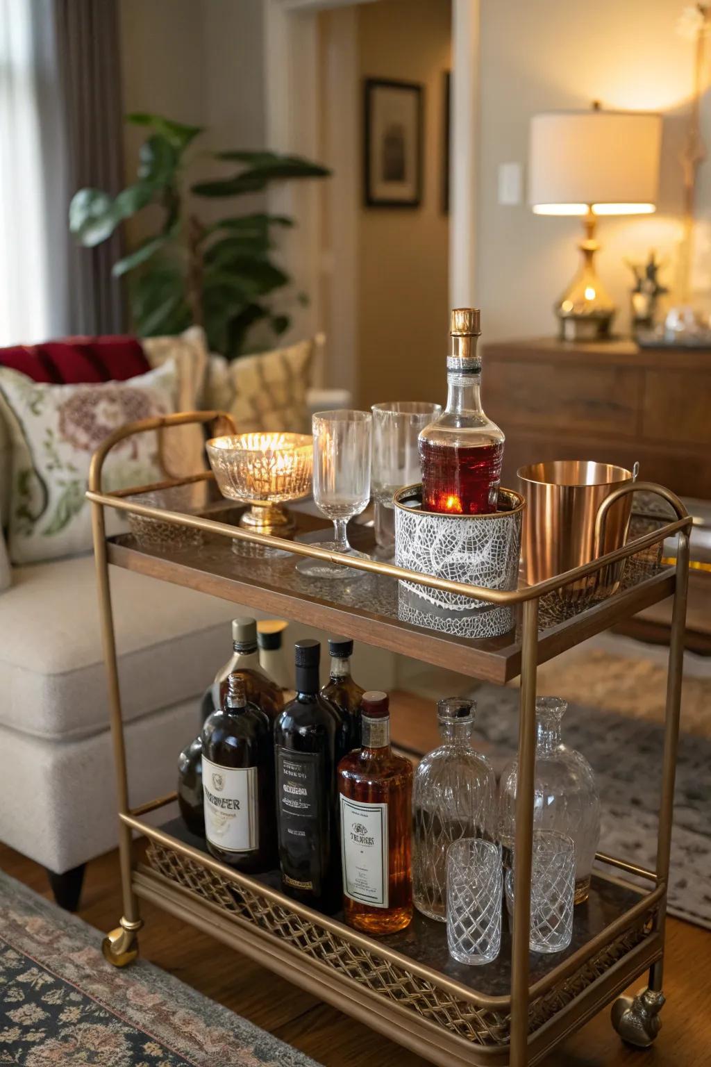 A classic serving trolley adds charm and practicality to your home bar.