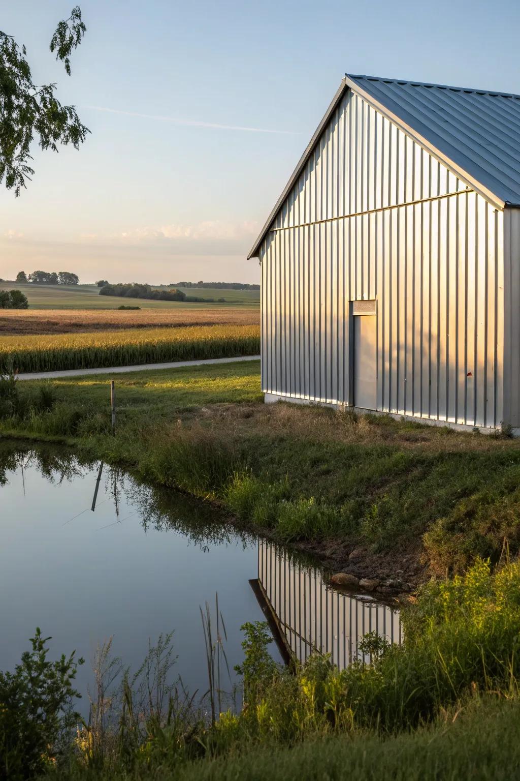 A barn features galvalume siding that shines with modernity and durability.