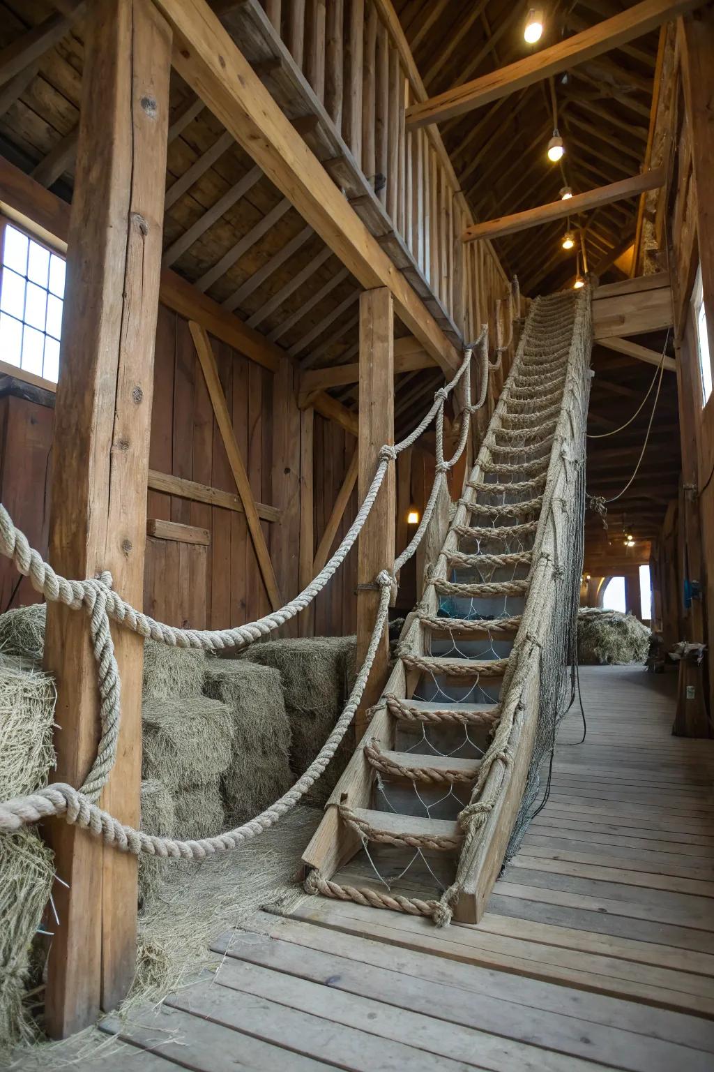 A cordage bridge design introduces whimsy and adventure to barn stairs.