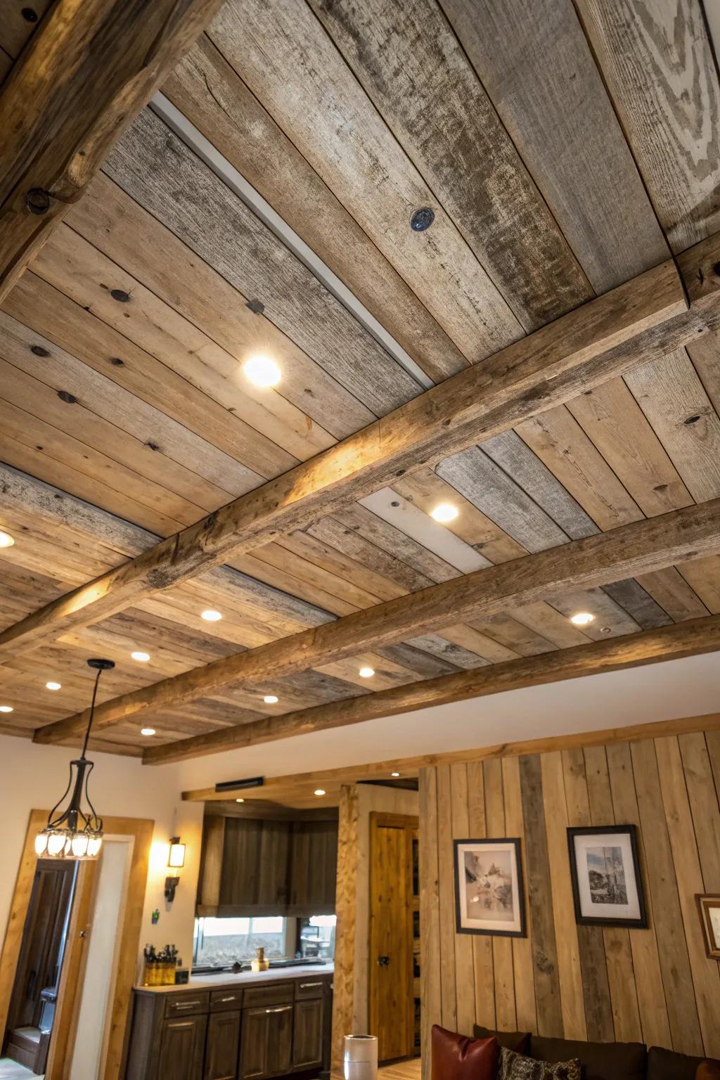 Barnwood panels adding rustic charm to a ceiling.